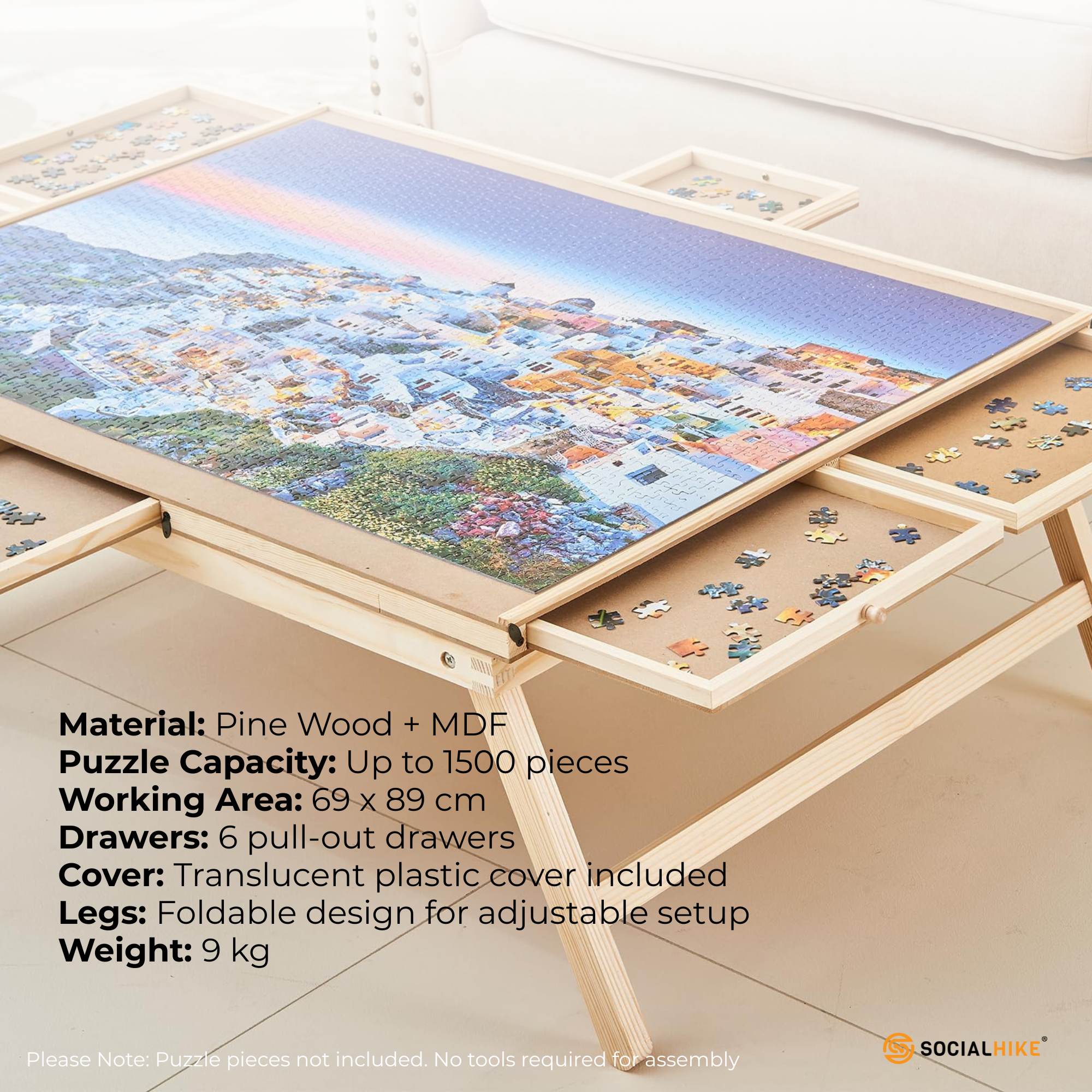 Social Hike 1500pcs Puzzle Board Table 6 Drawer with Cover - Wooden Folding Legs 8