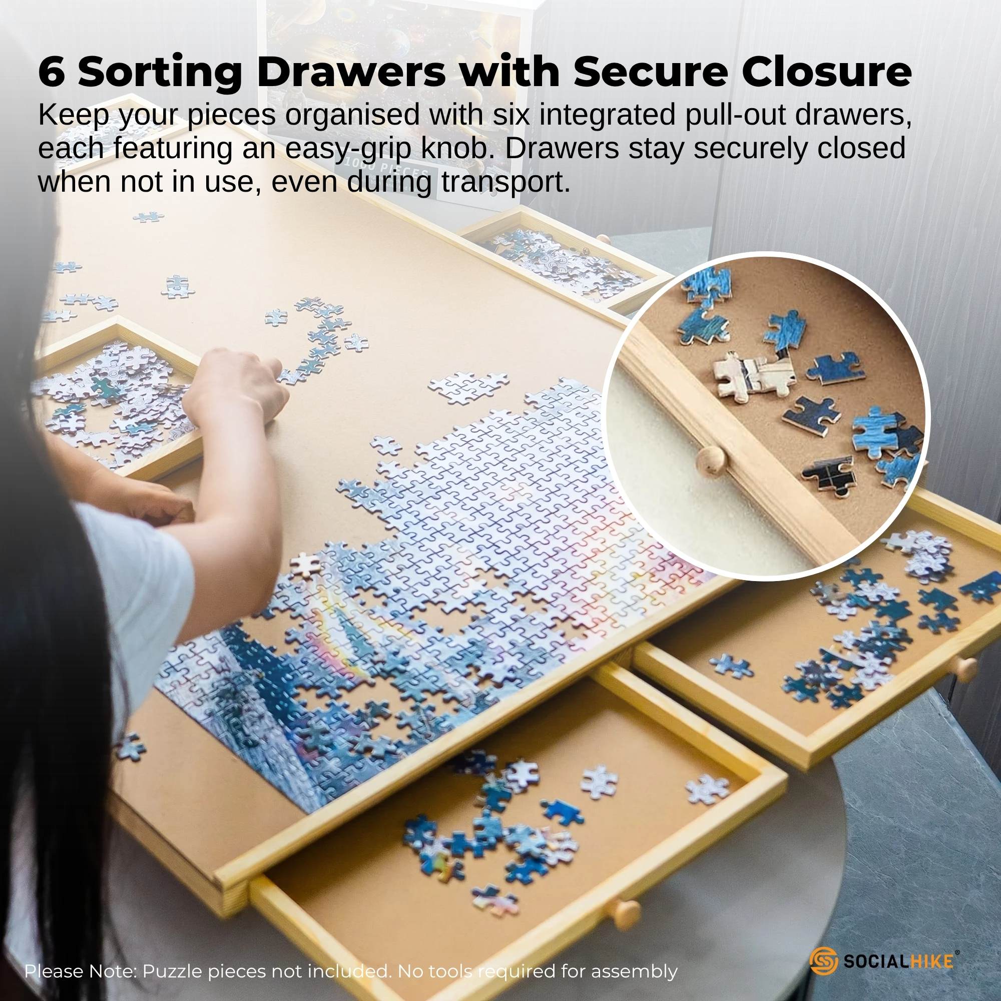 Social Hike 1500pcs Puzzle Board 6 Drawer with Cover - Wooden Rotating Tabletop 6