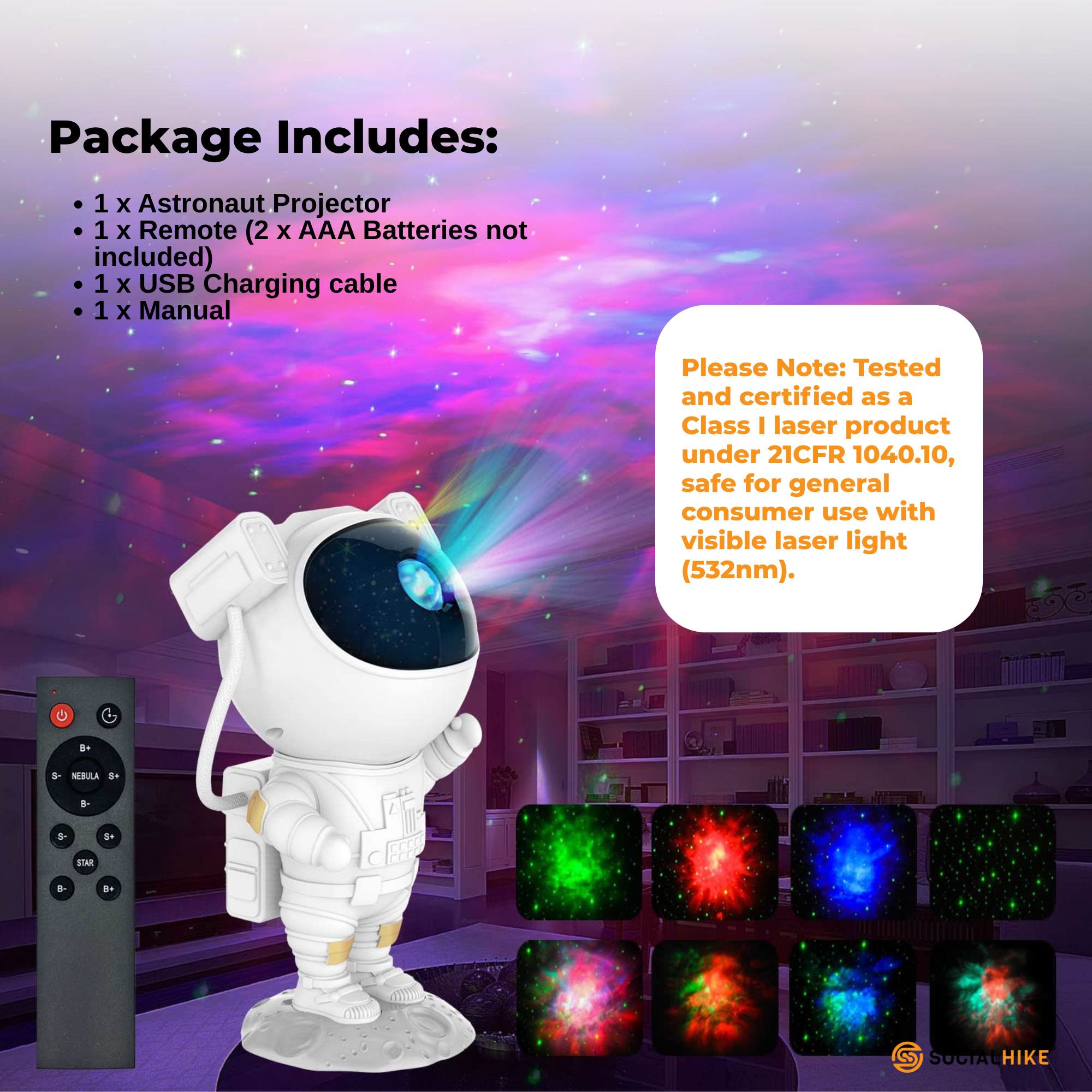 Social Hike Galaxy Star Projector - Colour LED Astronaut Night Light and Remote 8