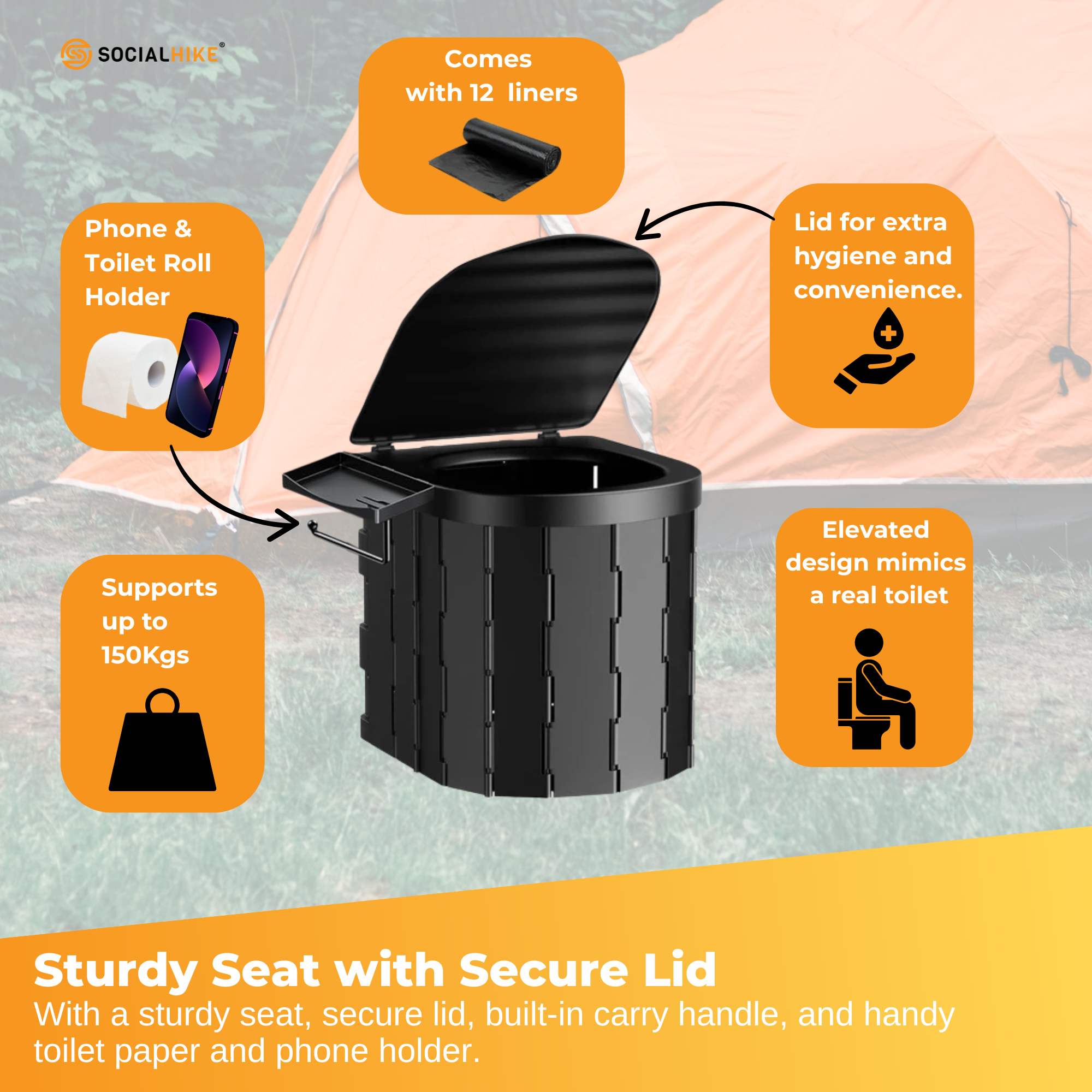 Social Hike Portable Folding Camping Toilet - Outdoor Lightweight Compact Potty 3