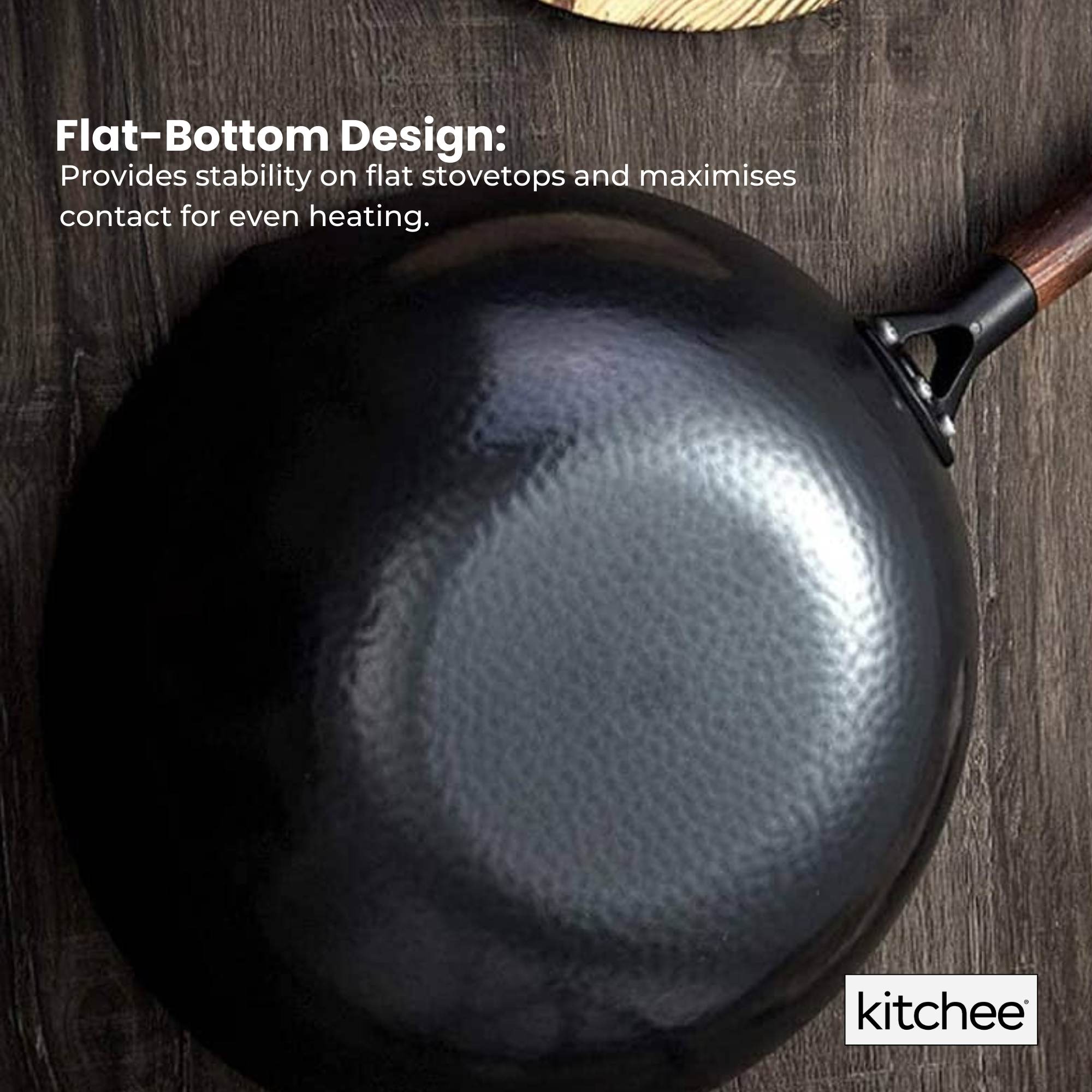 Kitchee 32cm Carbon Steel Wok Set Flat Bottom with Wood Lid + Spatula - Induction Ready 3