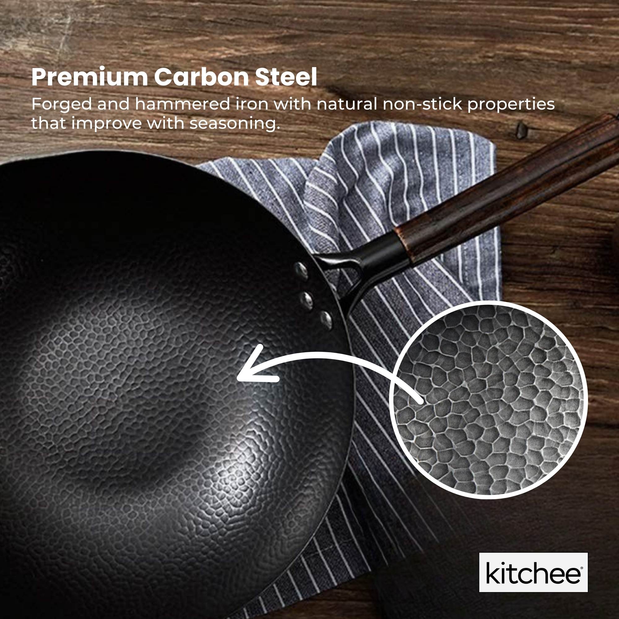 Kitchee 32cm Carbon Steel Wok Set Flat Bottom with Wood Lid + Spatula - Induction Ready 4