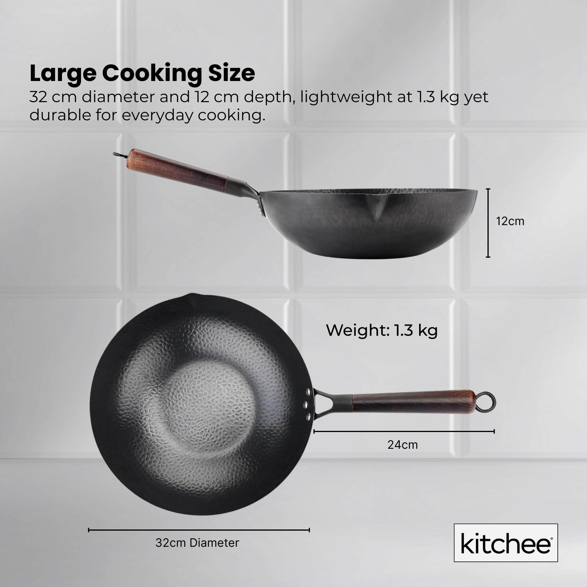 Kitchee 32cm Carbon Steel Wok Set Flat Bottom with Wood Lid + Spatula - Induction Ready 5