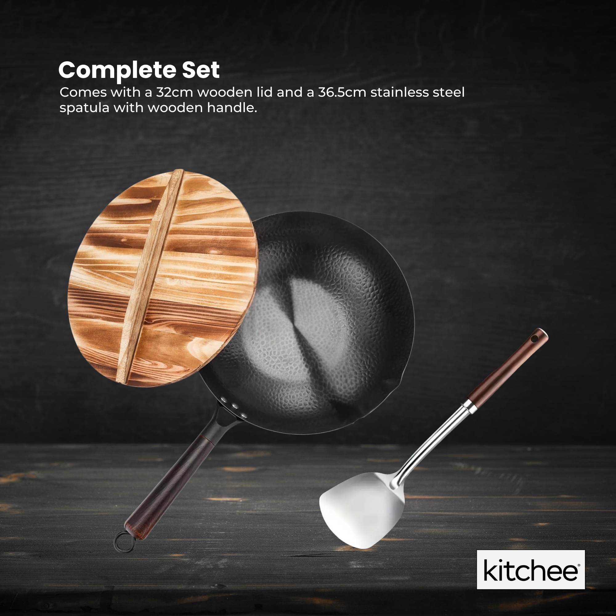 Kitchee 32cm Carbon Steel Wok Set Flat Bottom with Wood Lid + Spatula - Induction Ready 7