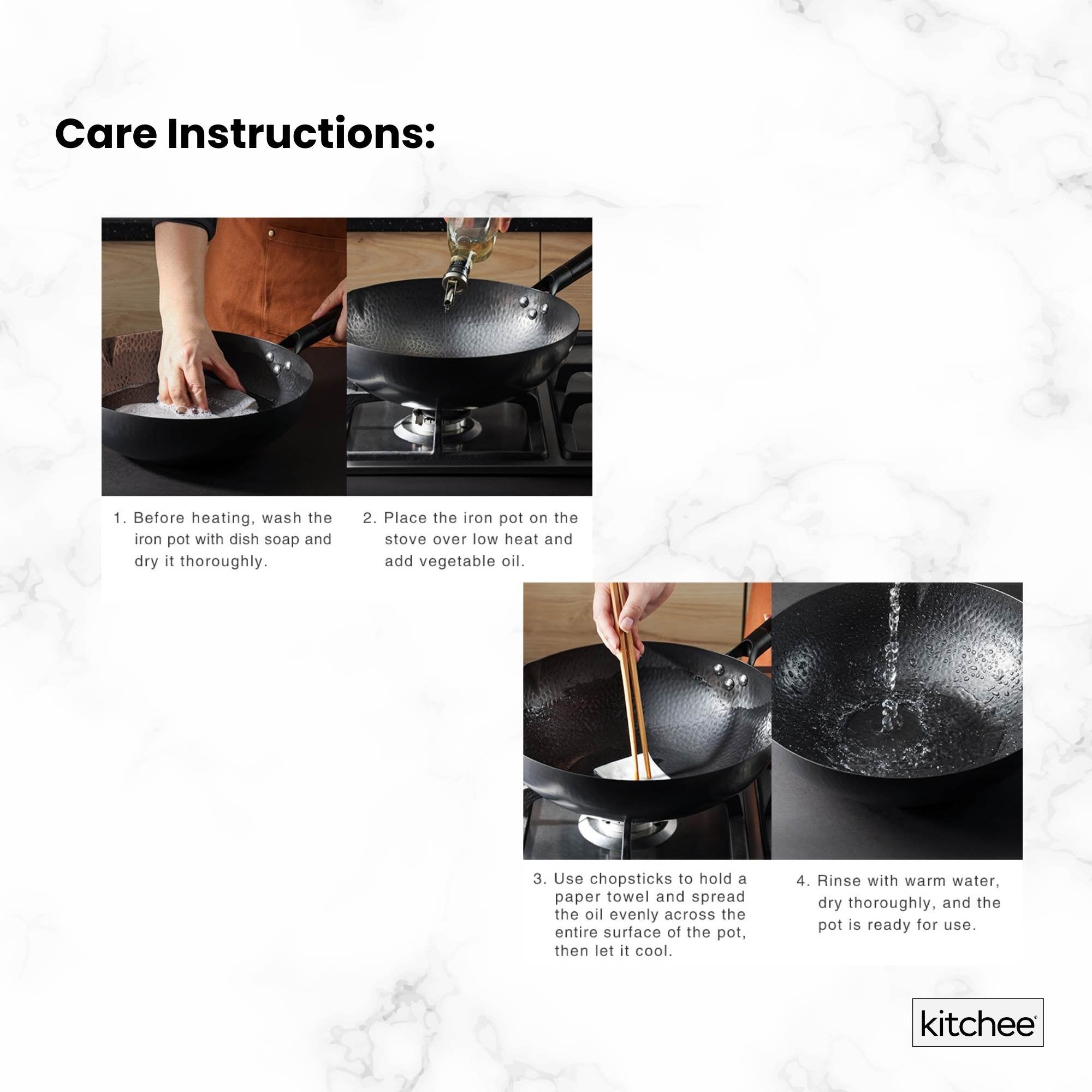 Kitchee 32cm Carbon Steel Wok Set Flat Bottom with Wood Lid + Spatula - Induction Ready 8