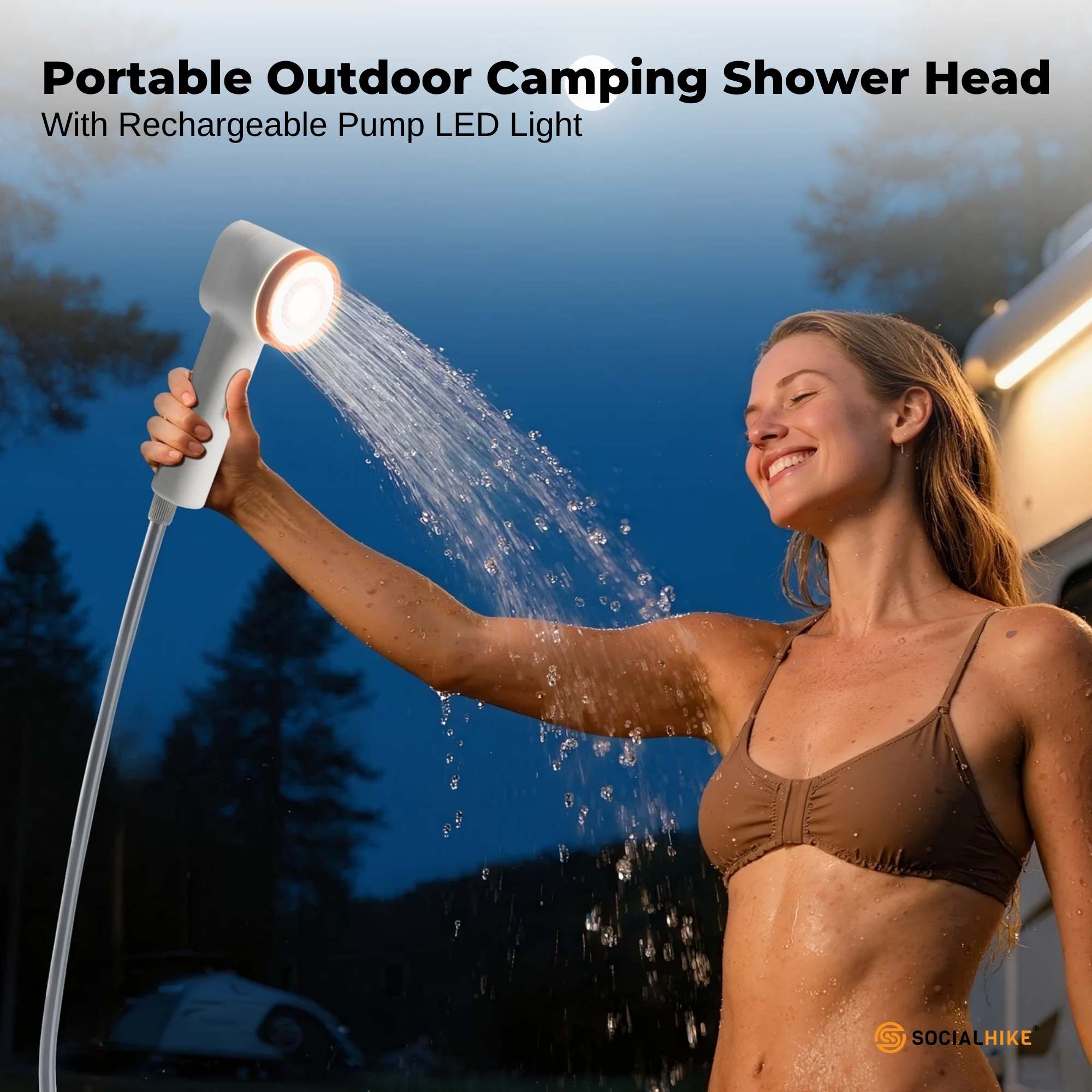 Social Hike Portable Camping Shower Head - Outdoor Rechargeable Pump LED Light