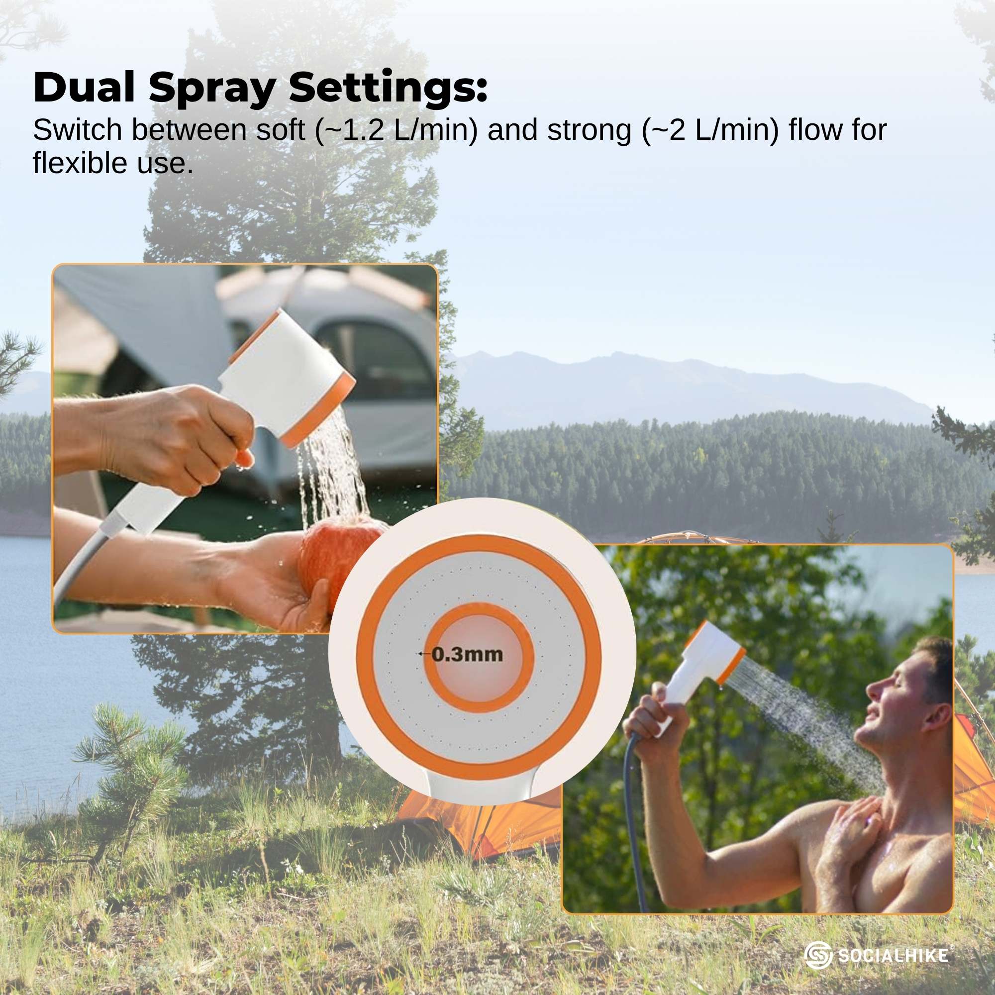 Social Hike Portable Camping Shower Head - Outdoor Rechargeable Pump LED Light 3