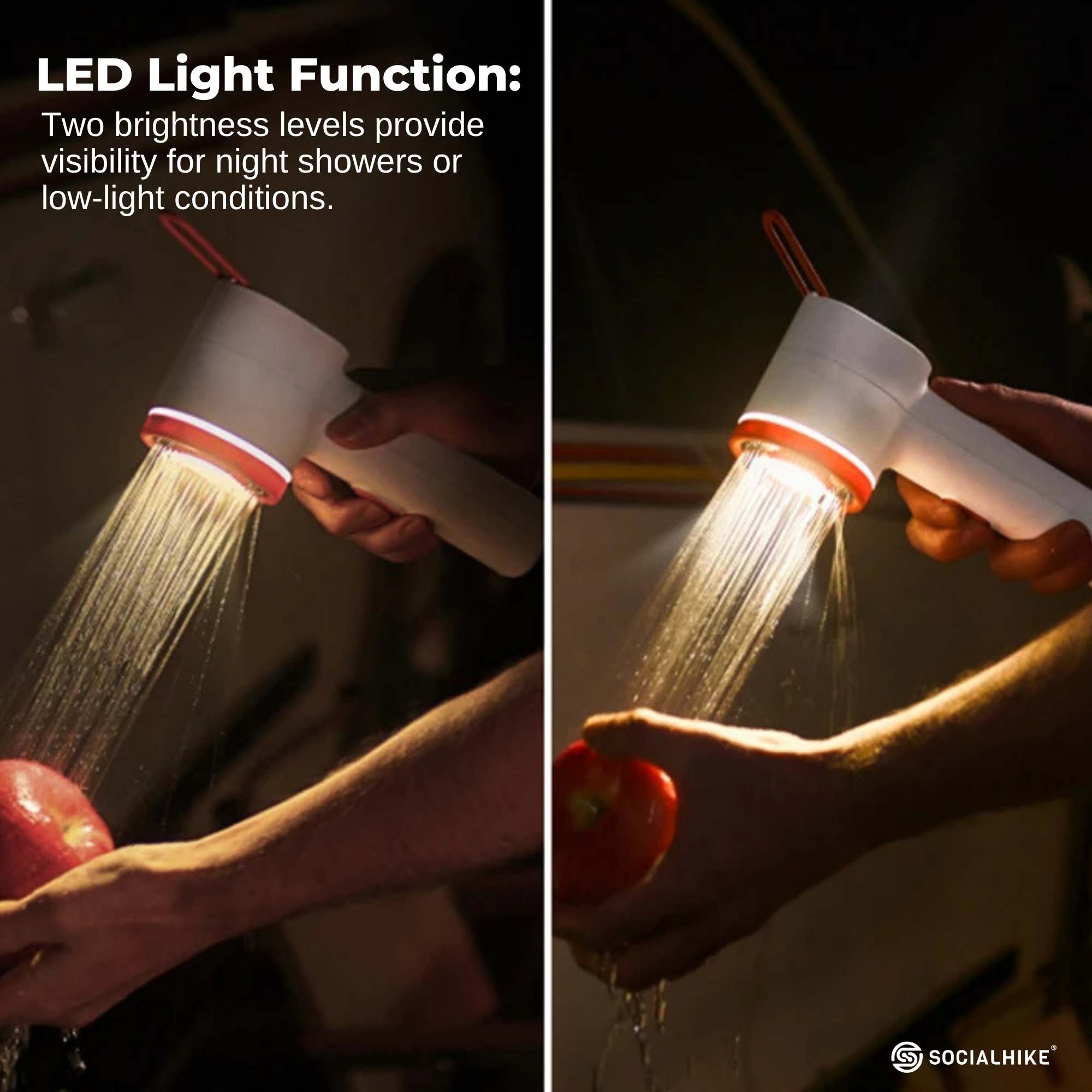 Social Hike Portable Camping Shower Head - Outdoor Rechargeable Pump LED Light 5