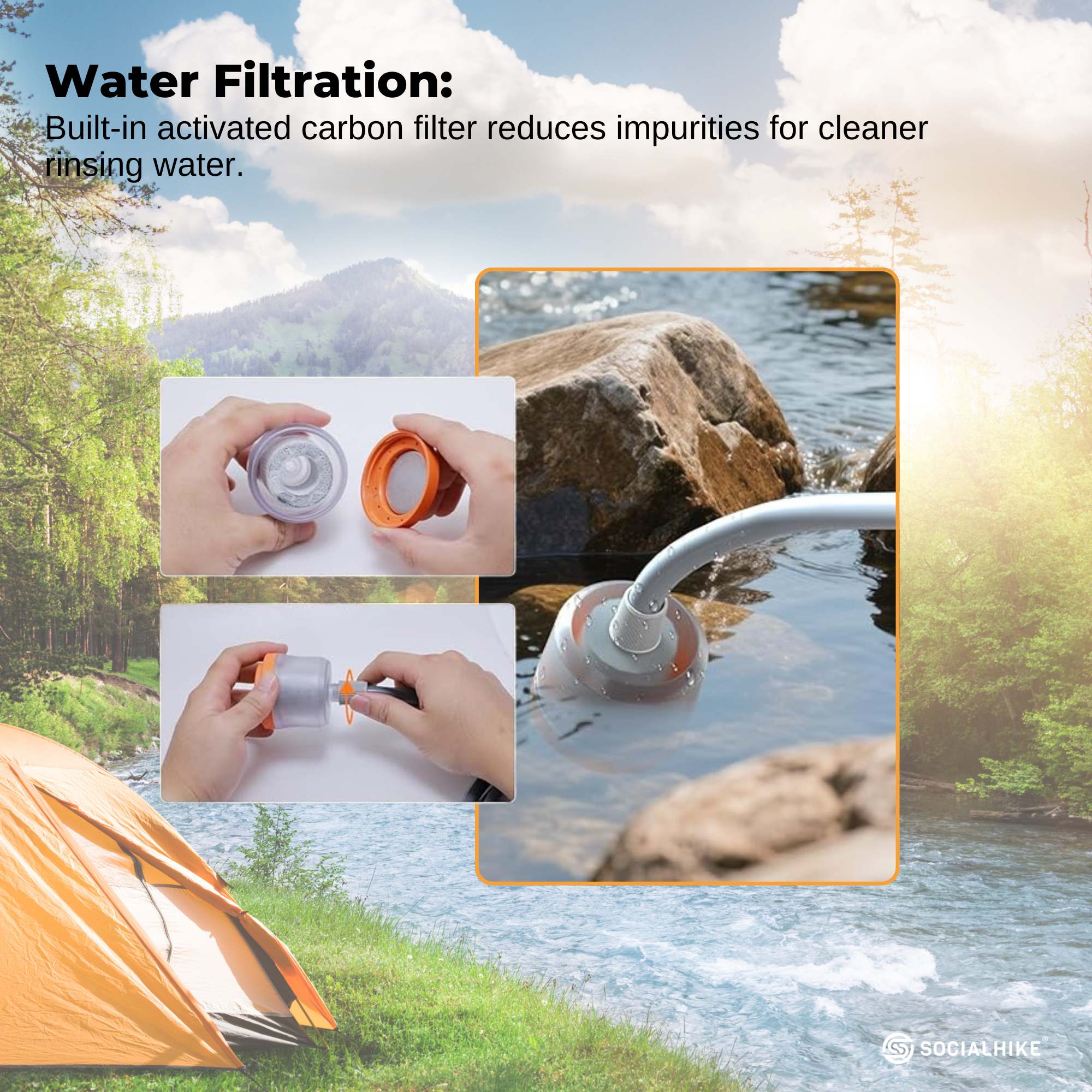 Social Hike Portable Camping Shower Head - Outdoor Rechargeable Pump LED Light 6