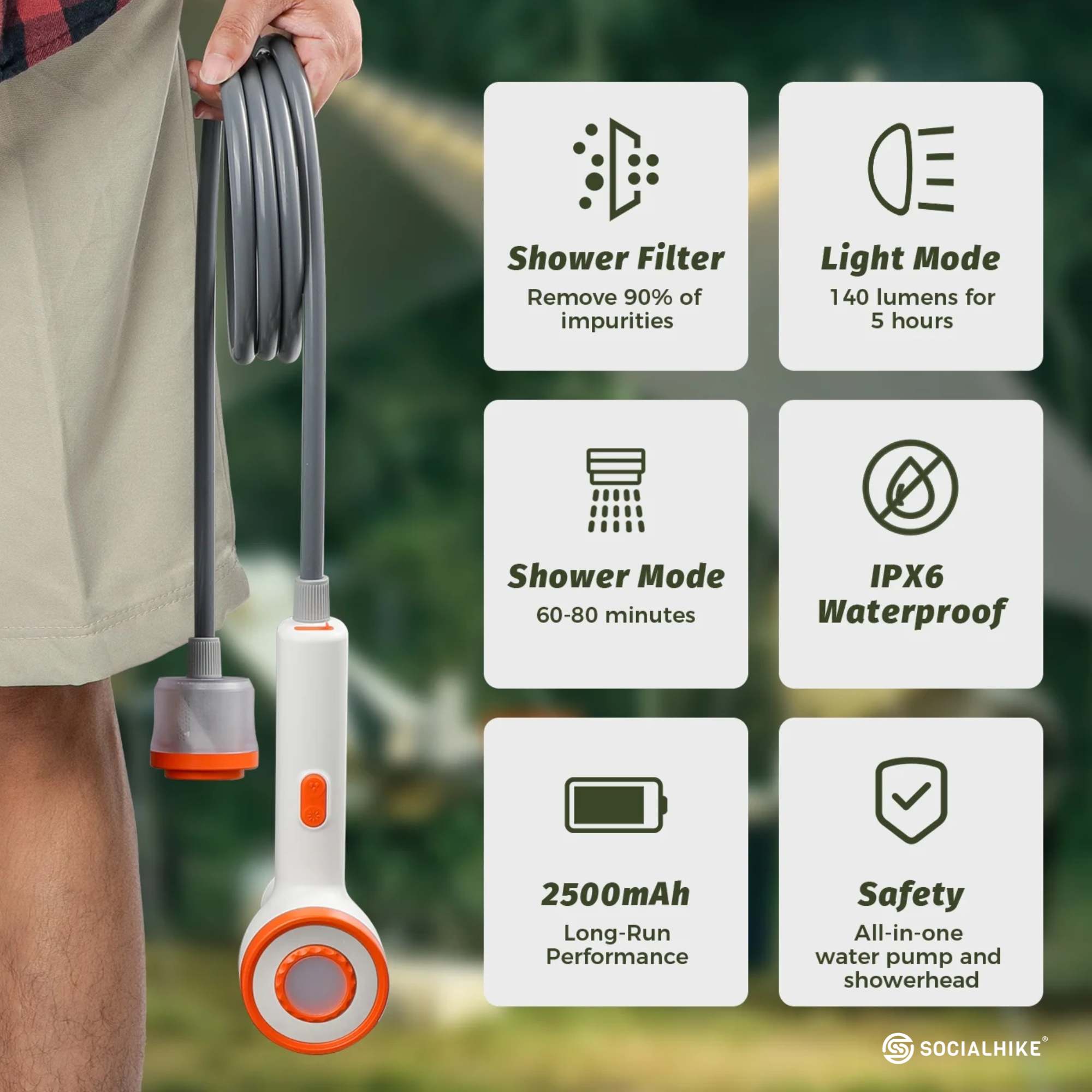 Social Hike Portable Camping Shower Head - Outdoor Rechargeable Pump LED Light 8