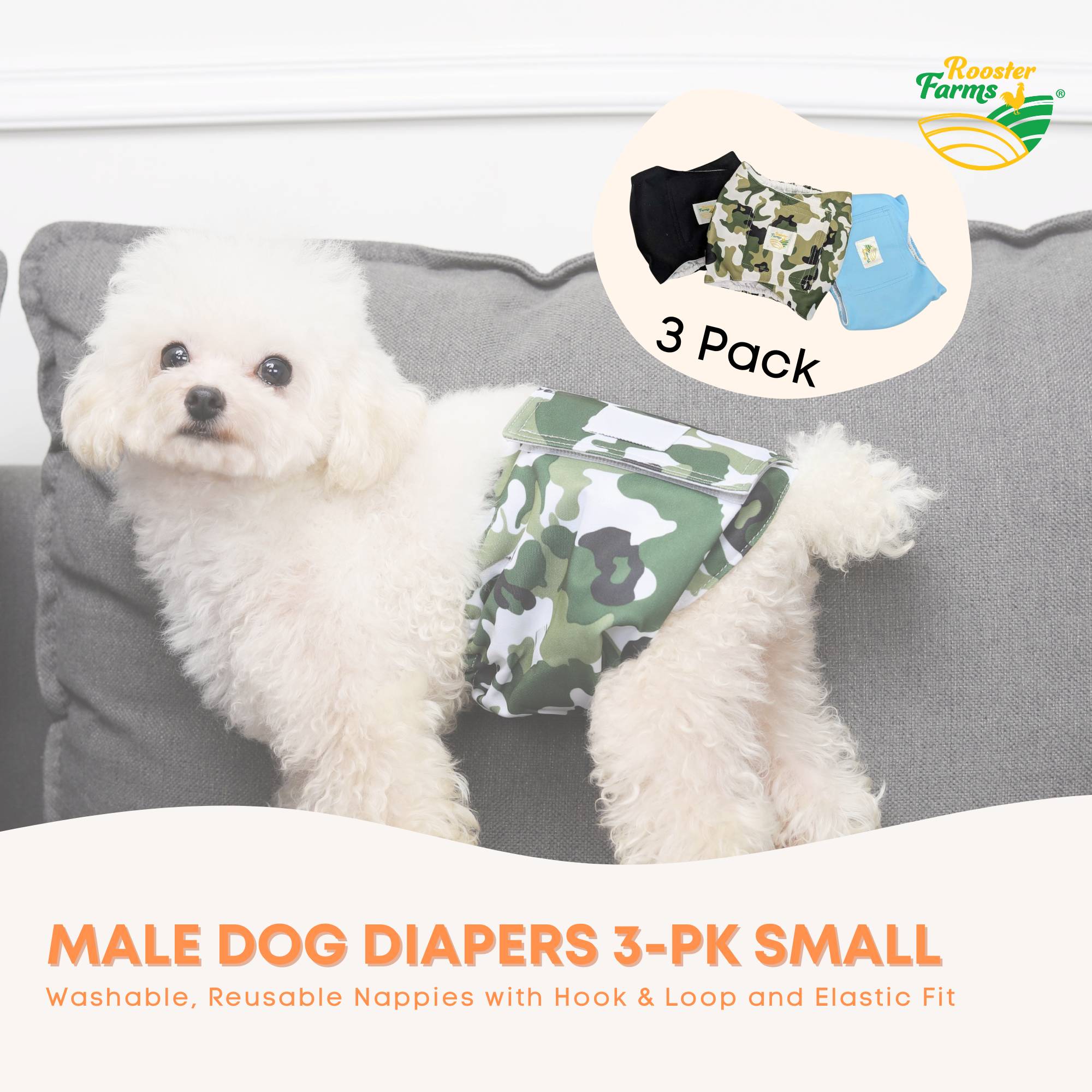 Rooster Farms Male Dog Diapers Small 3Pk - Washable Reusable Nappies Hook/Loop 3