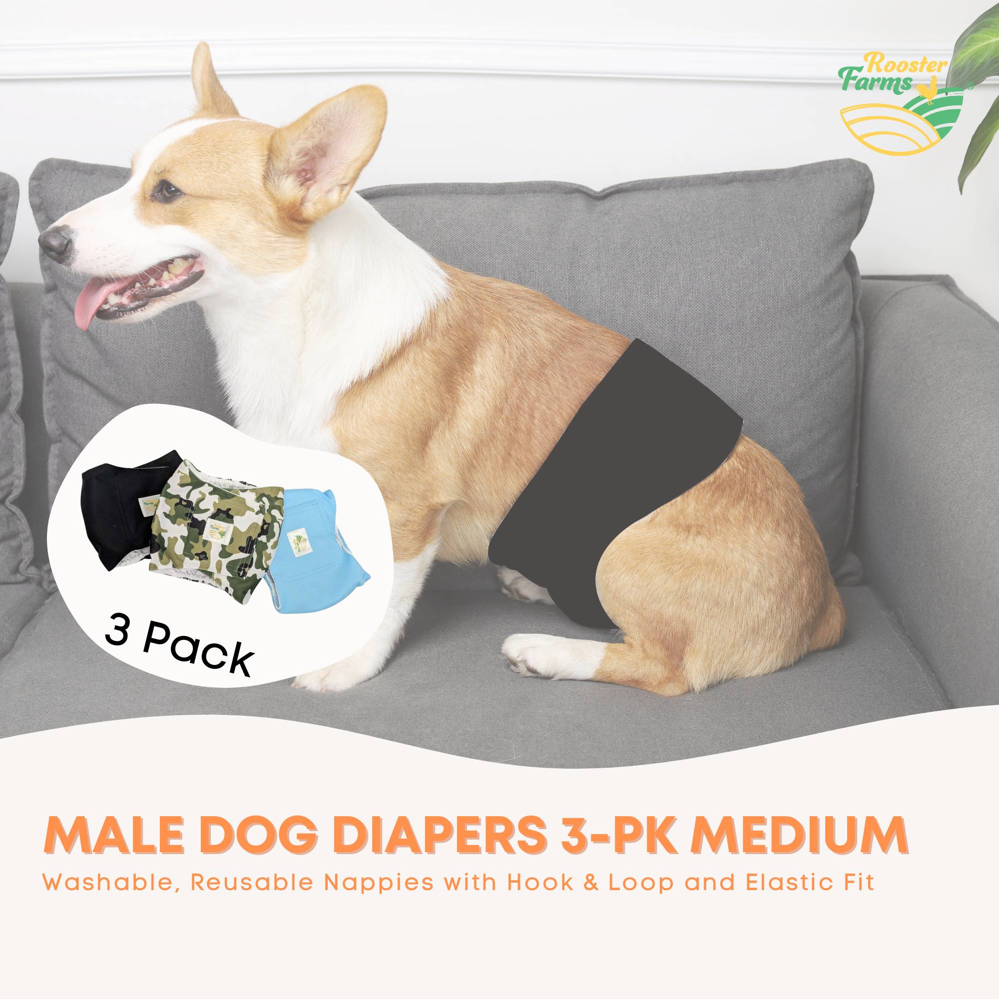 Rooster Farms Male Dog Diapers Medium 3Pk - Washable Reusable Nappies Hook/Loop 4