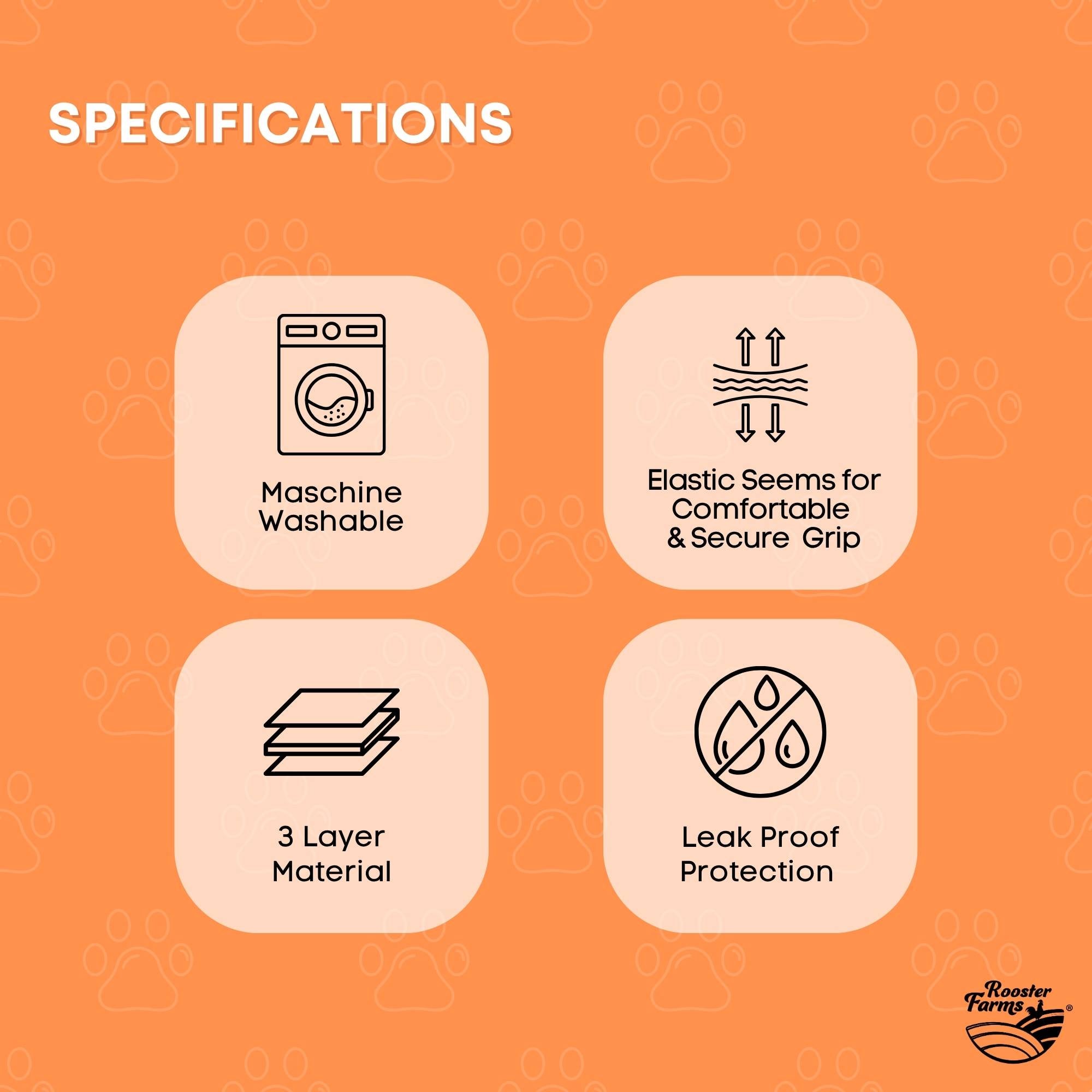 Rooster Farms Male Dog Diapers Medium 3Pk - Washable Reusable Nappies Hook/Loop 6