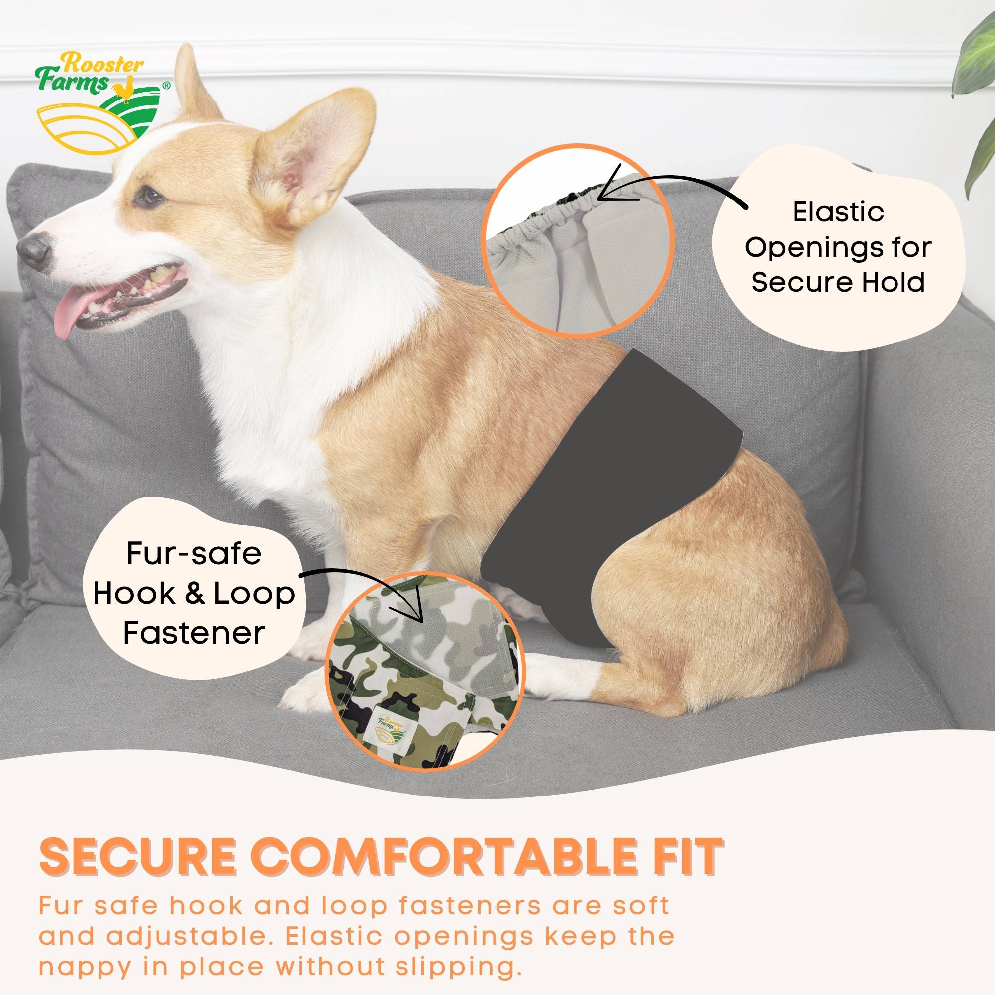 Rooster Farms Male Dog Diapers Medium 3Pk - Washable Reusable Nappies Hook/Loop 7