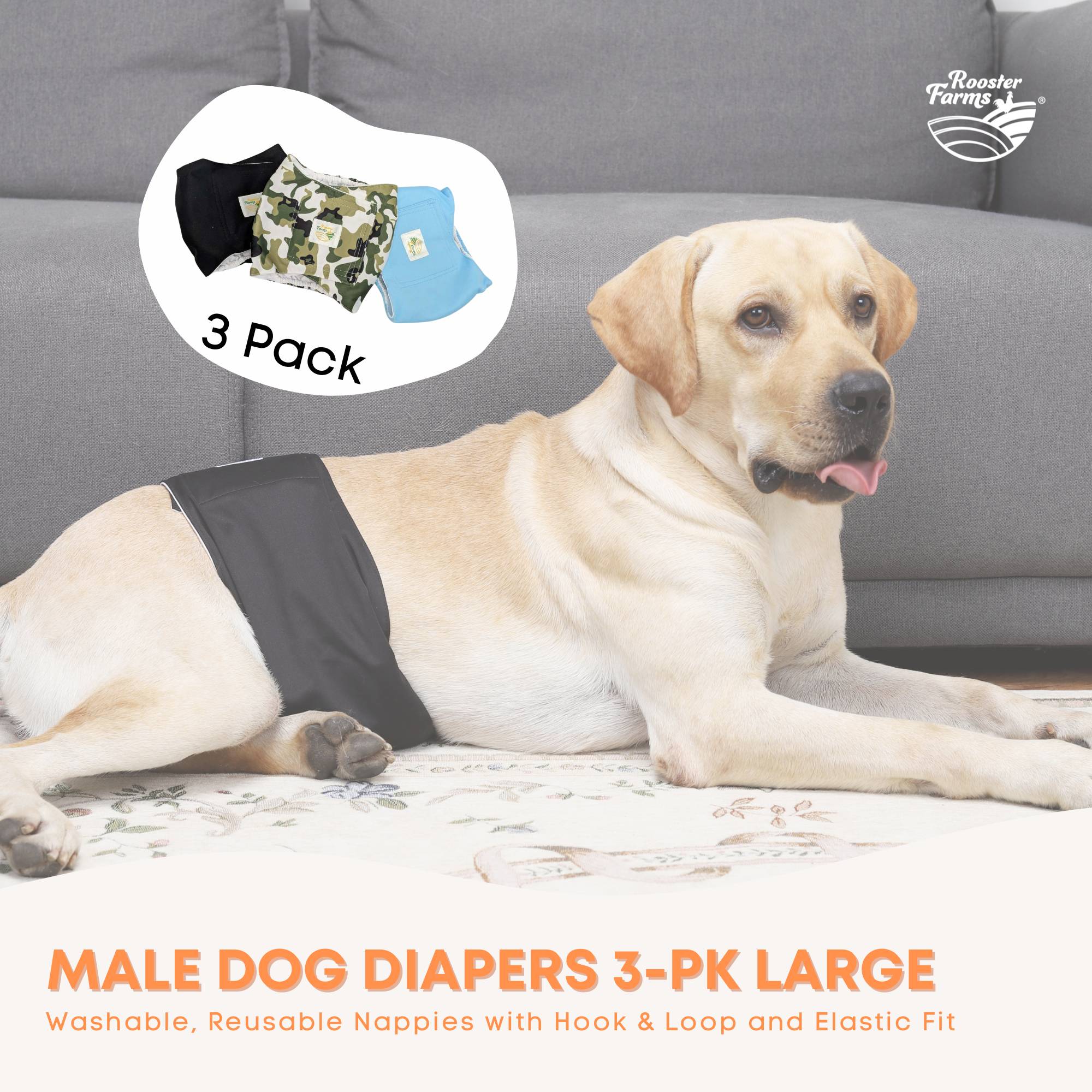 Rooster Farms Male Dog Diapers Large 3Pk - Washable Reusable Nappies Hook/Loop 3