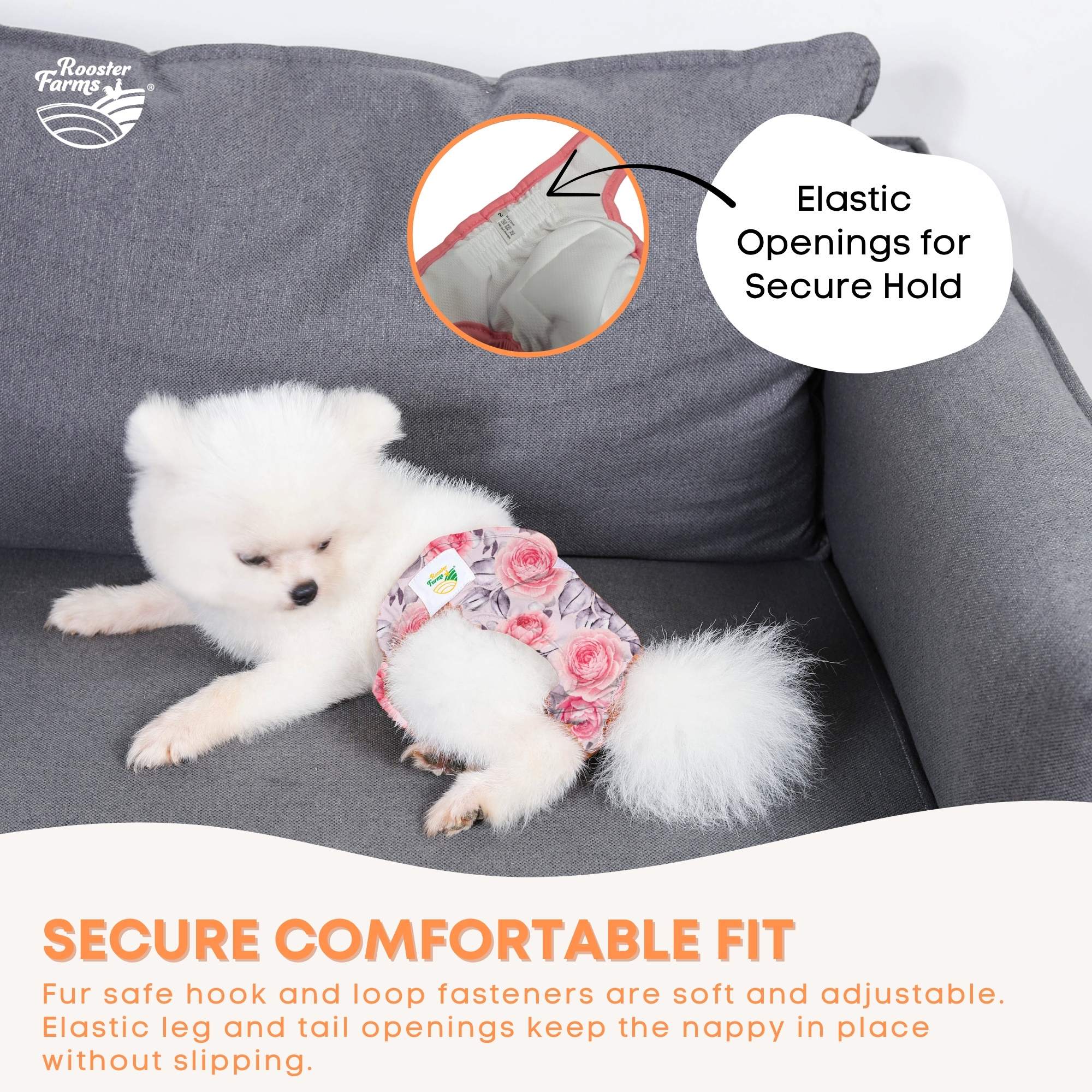 Rooster Farms Female Dog Diapers XSmall 3Pk - Washable Reusable Nappy Hook/Loop 3