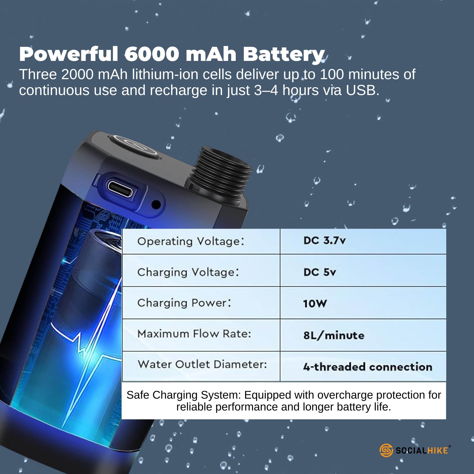 Social Hike Portable Camping Shower Kit - 6000MAh Outdoor Rechargeable Pump LED 4