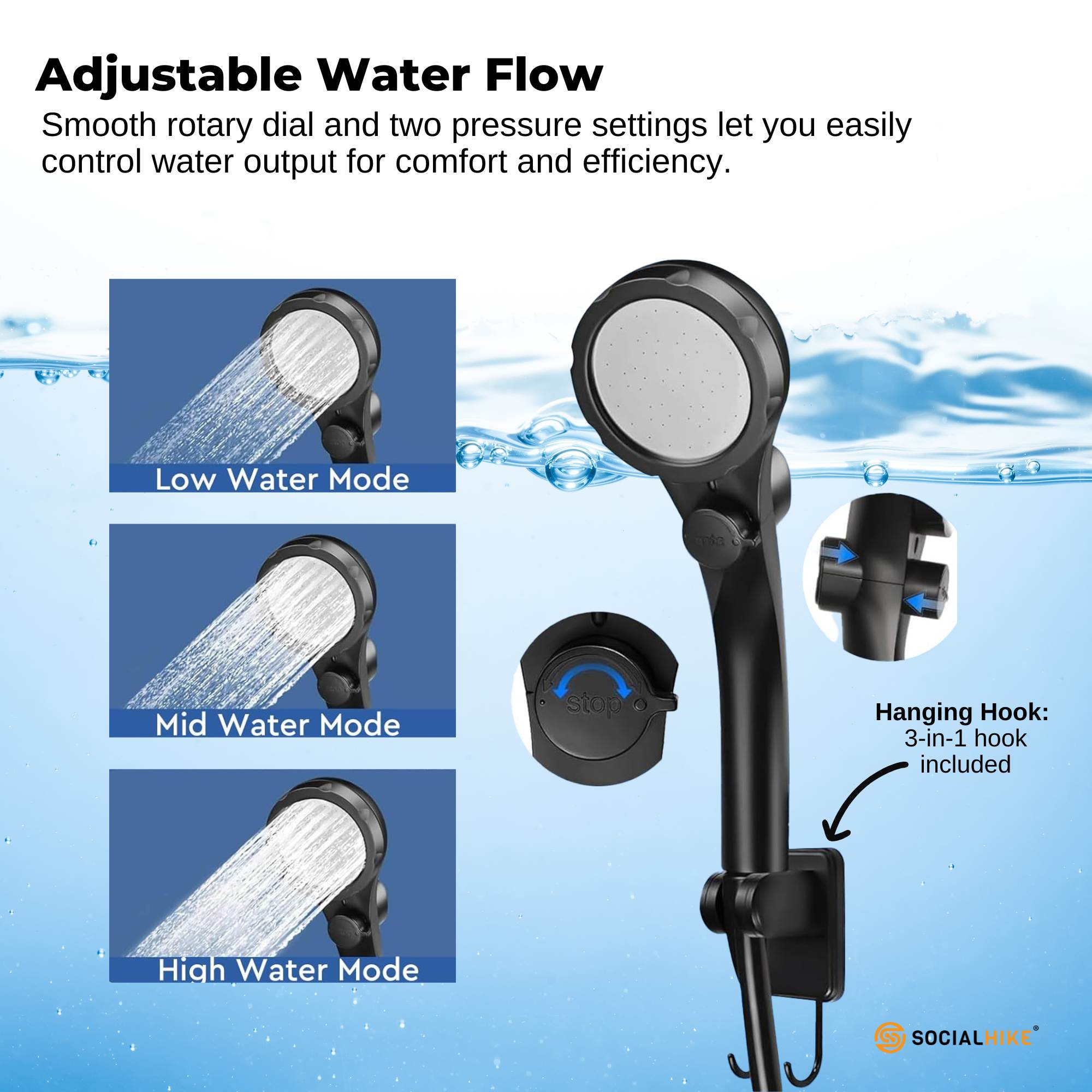 Social Hike Portable Camping Shower Kit - 6000MAh Outdoor Rechargeable Pump LED 5