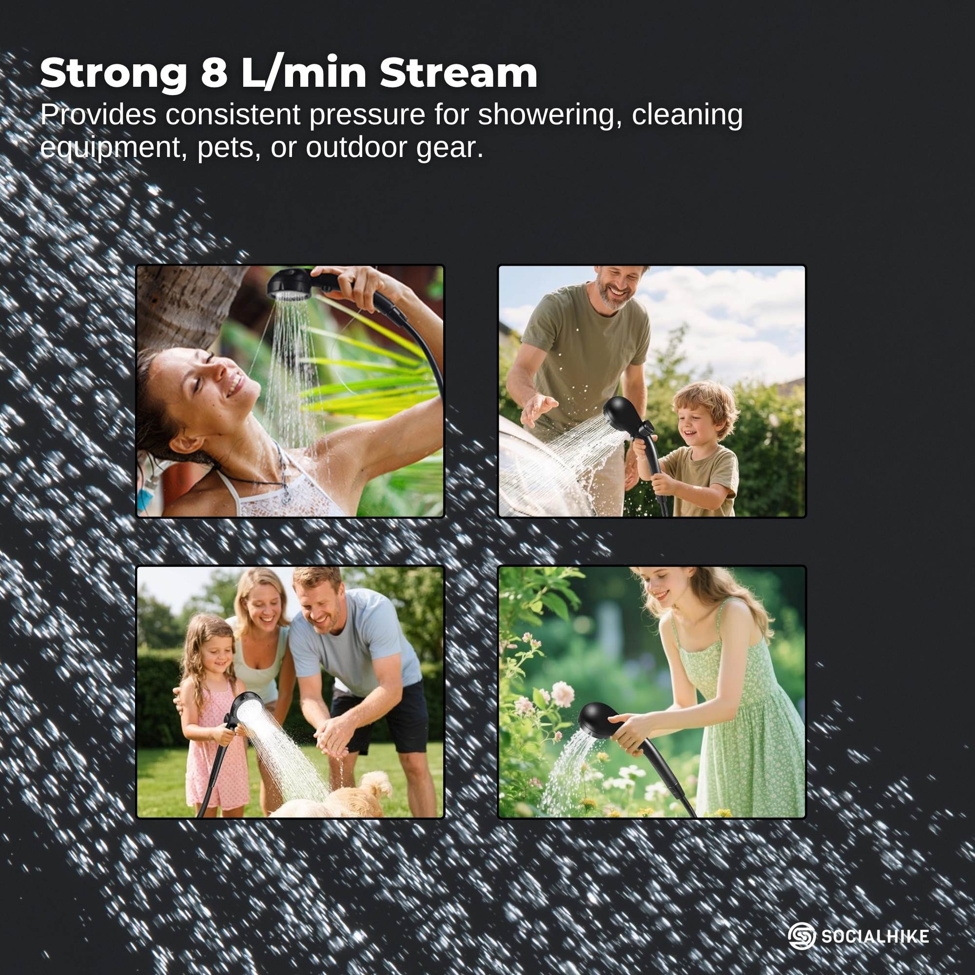 Social Hike Portable Camping Shower Kit - 6000MAh Outdoor Rechargeable Pump LED 6