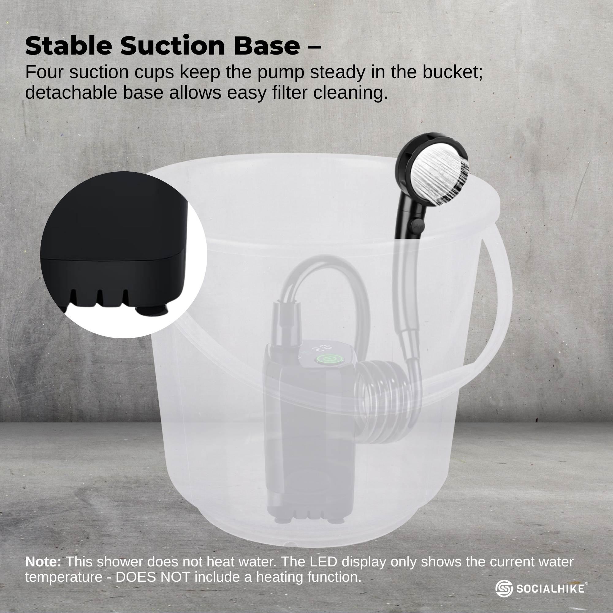 Social Hike Portable Camping Shower Kit - 6000MAh Outdoor Rechargeable Pump LED 8