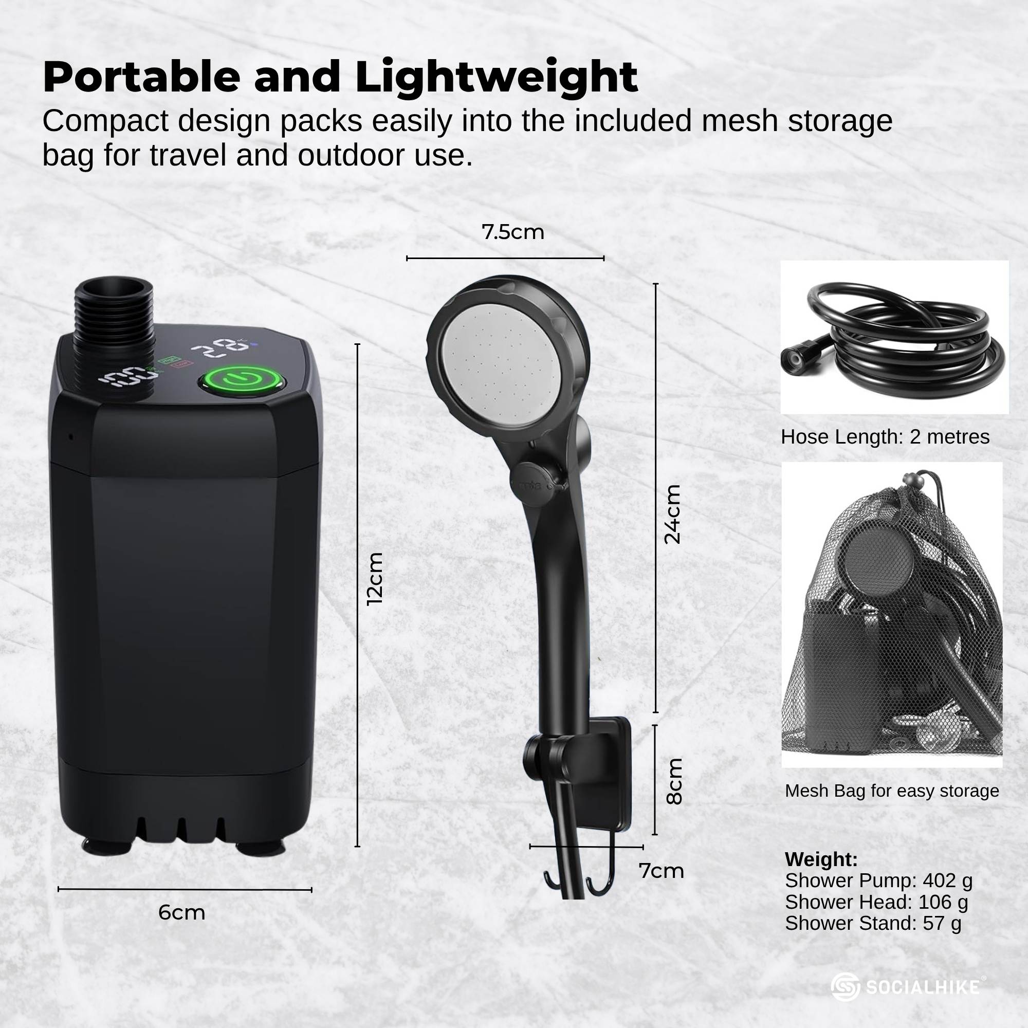 Social Hike Portable Camping Shower Kit - 6000MAh Outdoor Rechargeable Pump LED 9