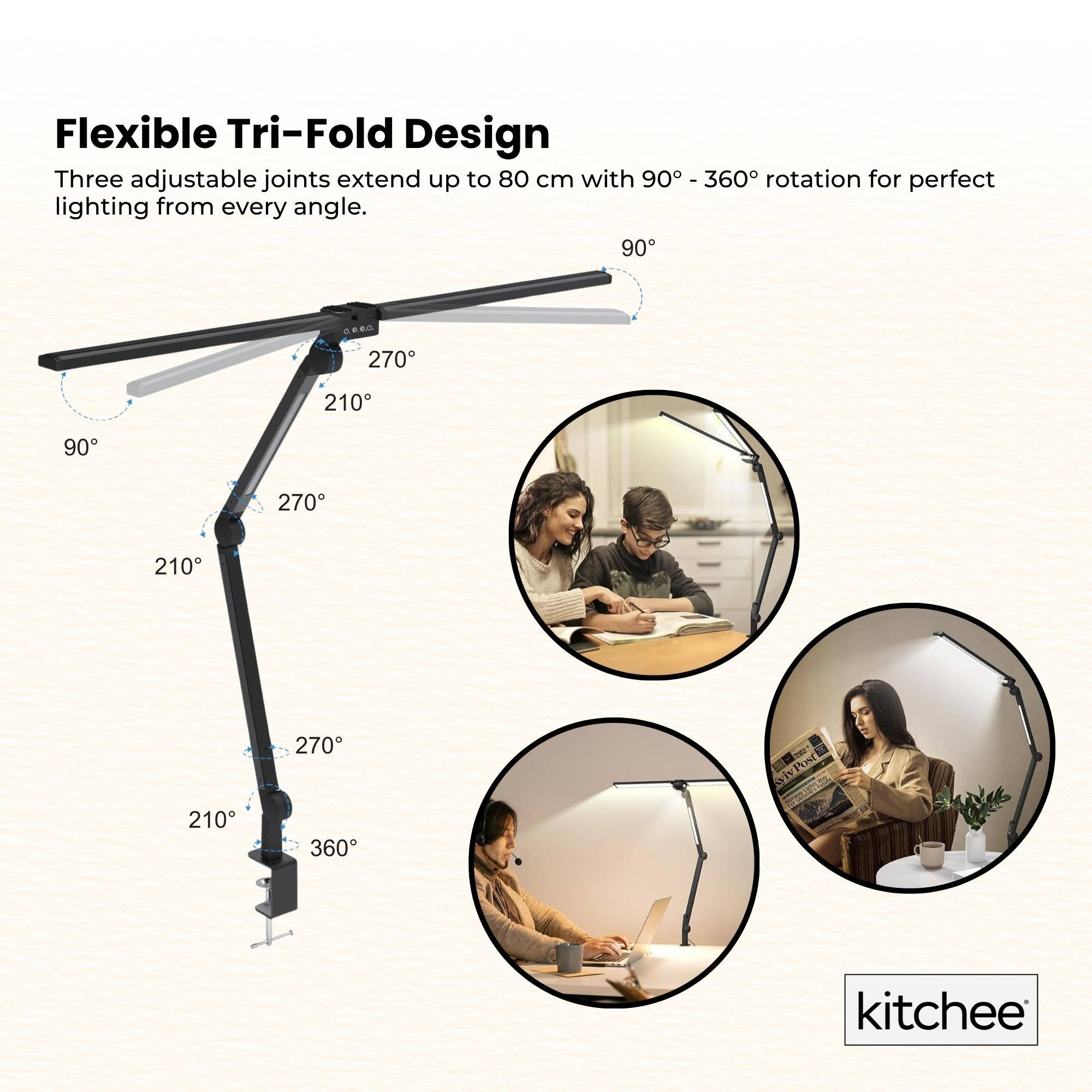 Kitchee Tri-Fold LED Desk Lamp with Clamp - Swinging Arm Eye-Care Dimmable Light 3
