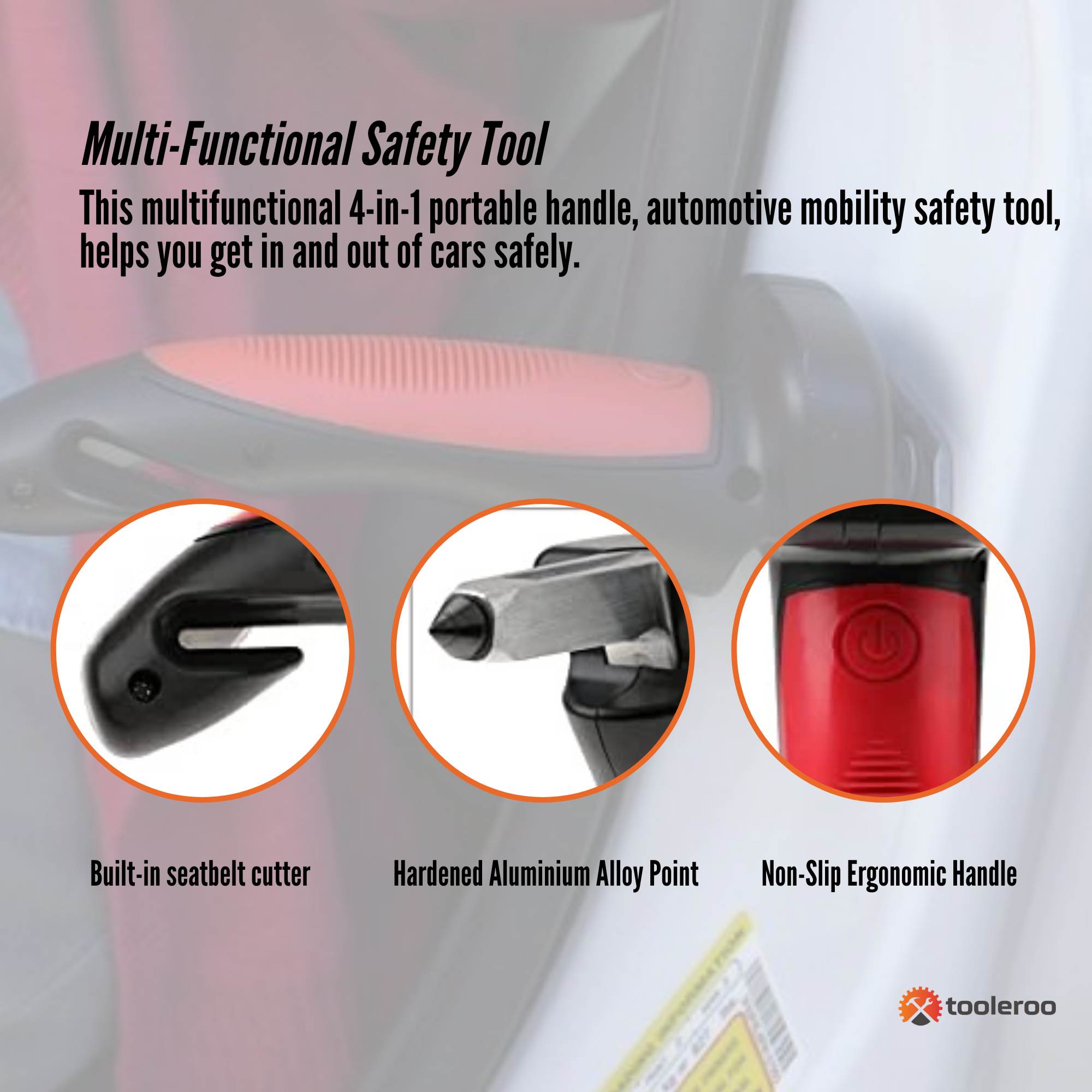 1x Car Cane Door Handle - Portable Elderly Standing Aid LED Flashlight Hammer Tool 4