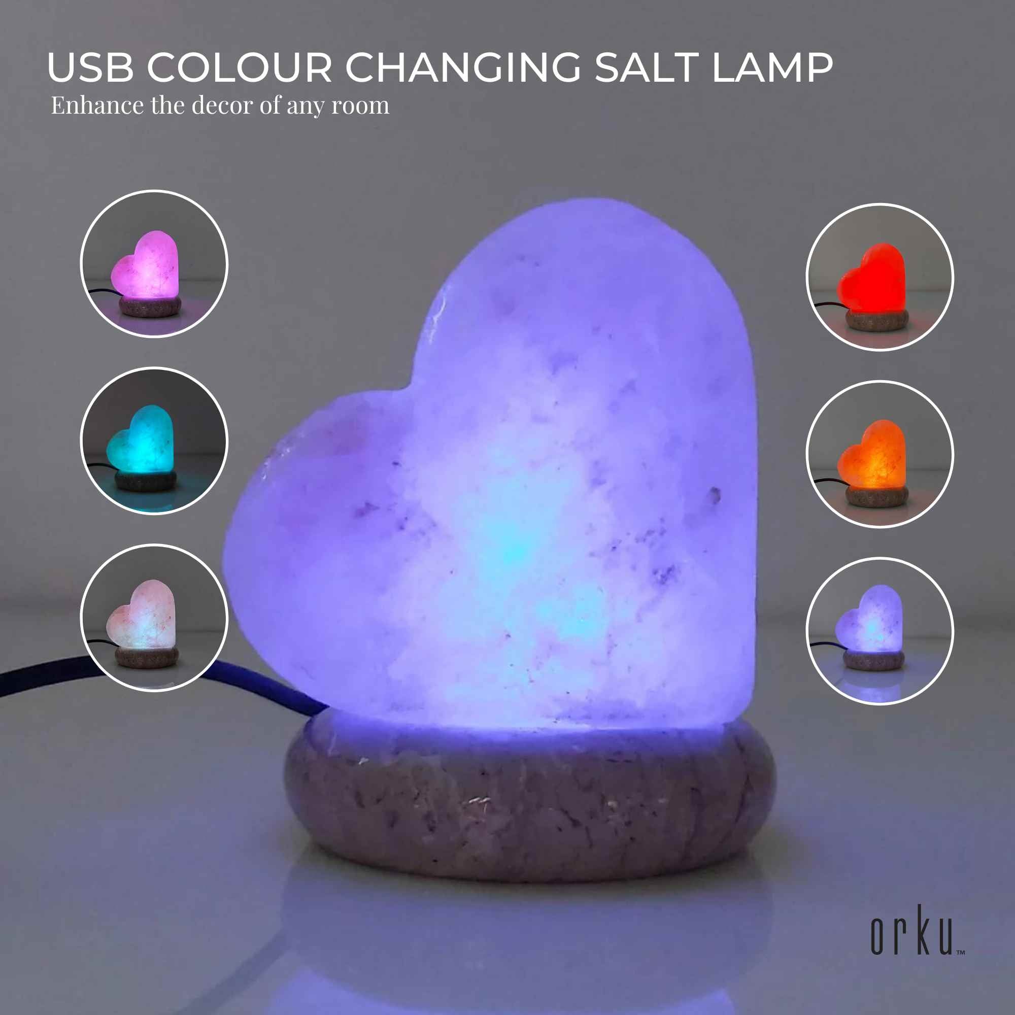 USB Colour Changing Salt Himalayan Lamp - Heart Love Shape Pink Rock LED Light 4