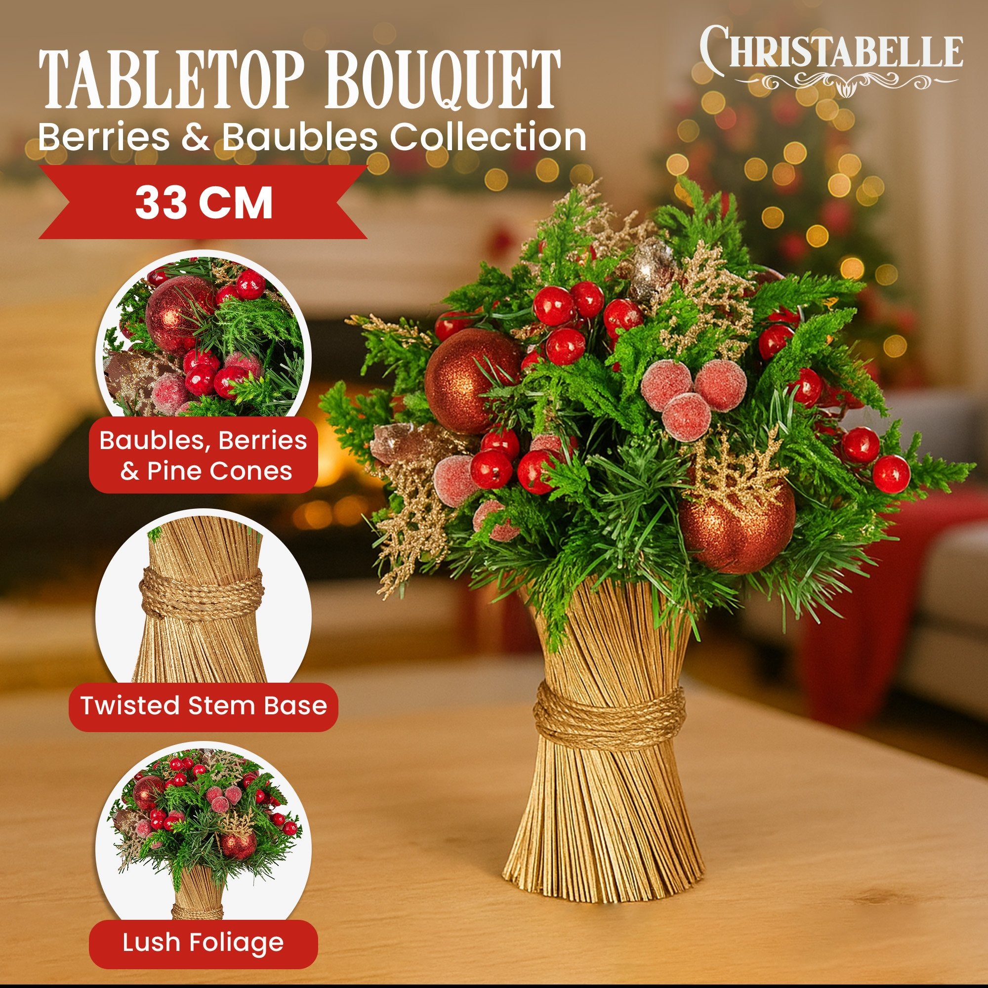 Christabelle 33cm Christmas Bouquet Pre-Decorated Holiday Floral Arrangement with Berries, Baubles & Pine Cones Festive Tabletop Centrepiece Decoration