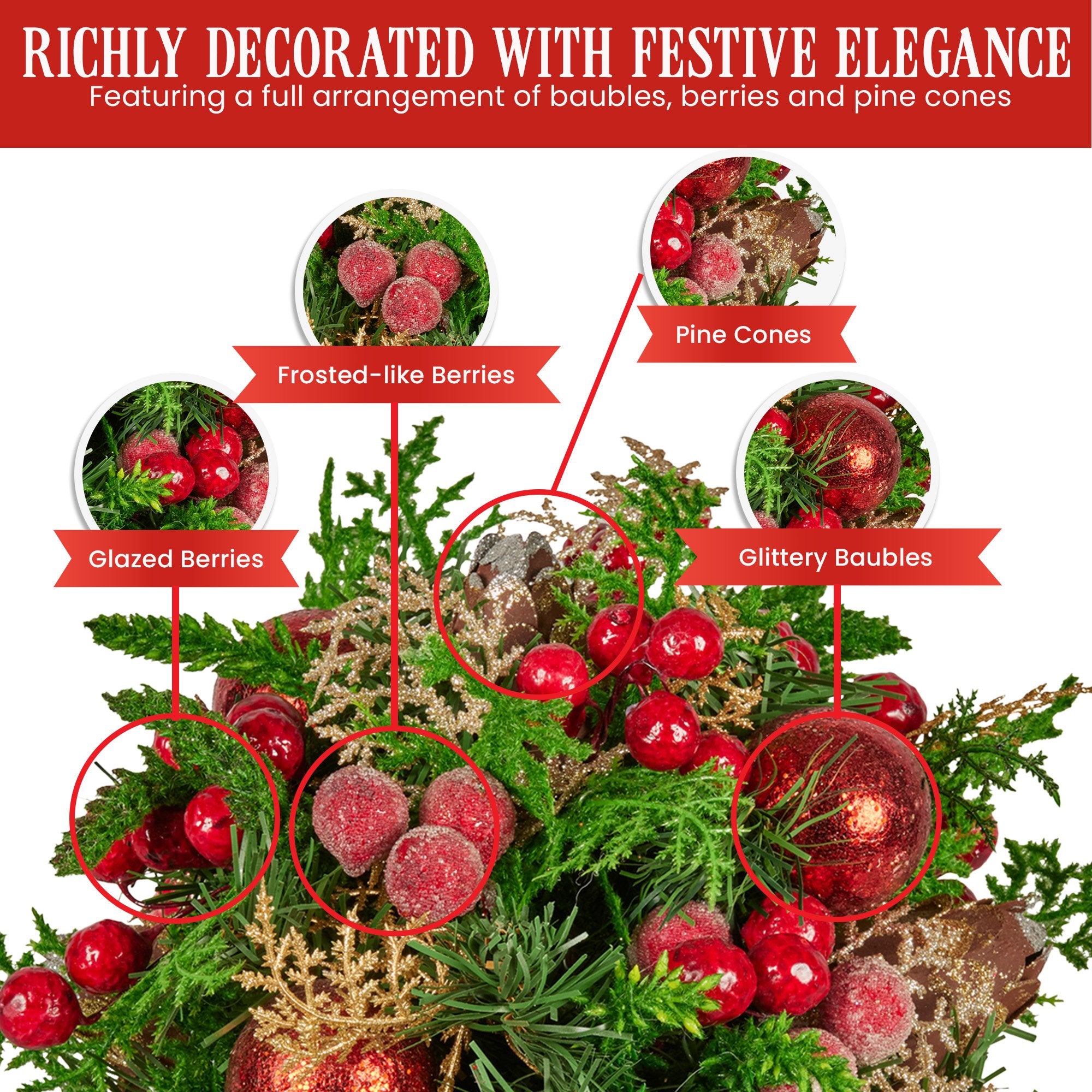 Christabelle 33cm Christmas Bouquet Pre-Decorated Holiday Floral Arrangement with Berries, Baubles & Pine Cones Festive Tabletop Centrepiece Decoration 6