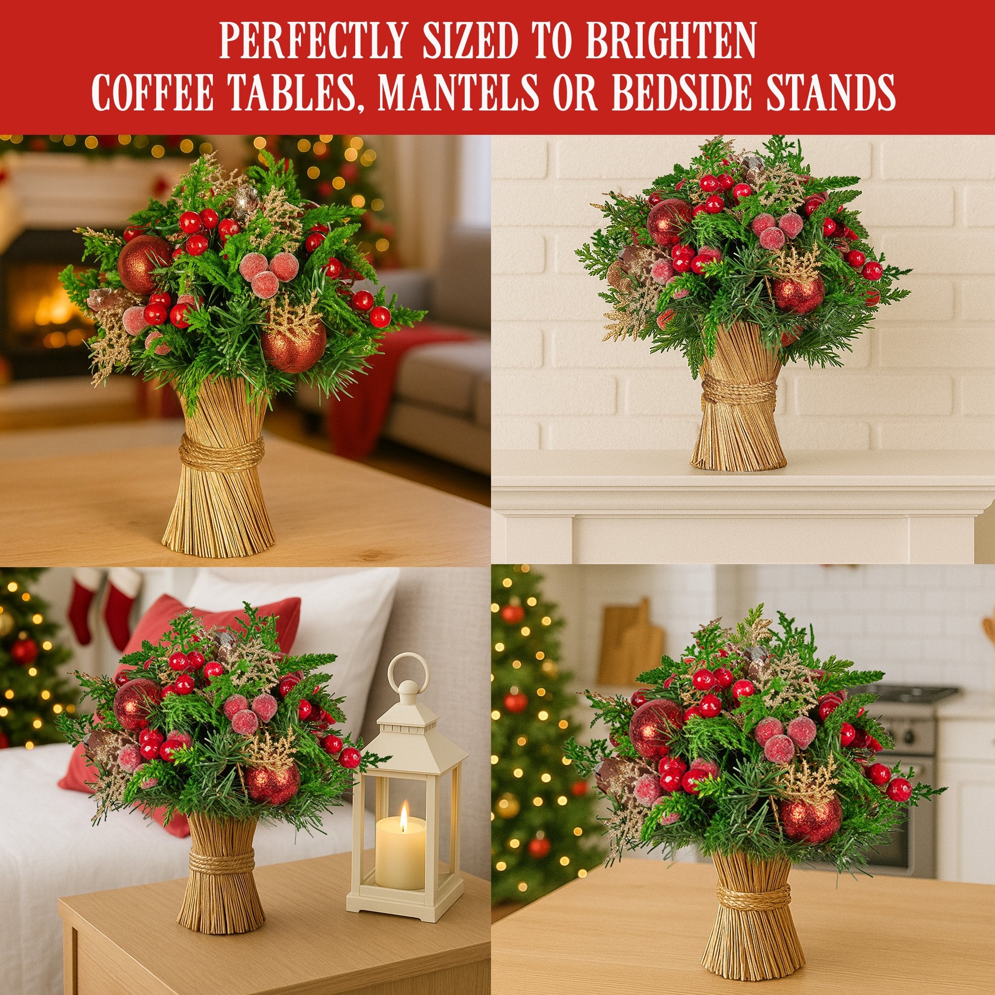 Christabelle 33cm Christmas Bouquet Pre-Decorated Holiday Floral Arrangement with Berries, Baubles & Pine Cones Festive Tabletop Centrepiece Decoration 7