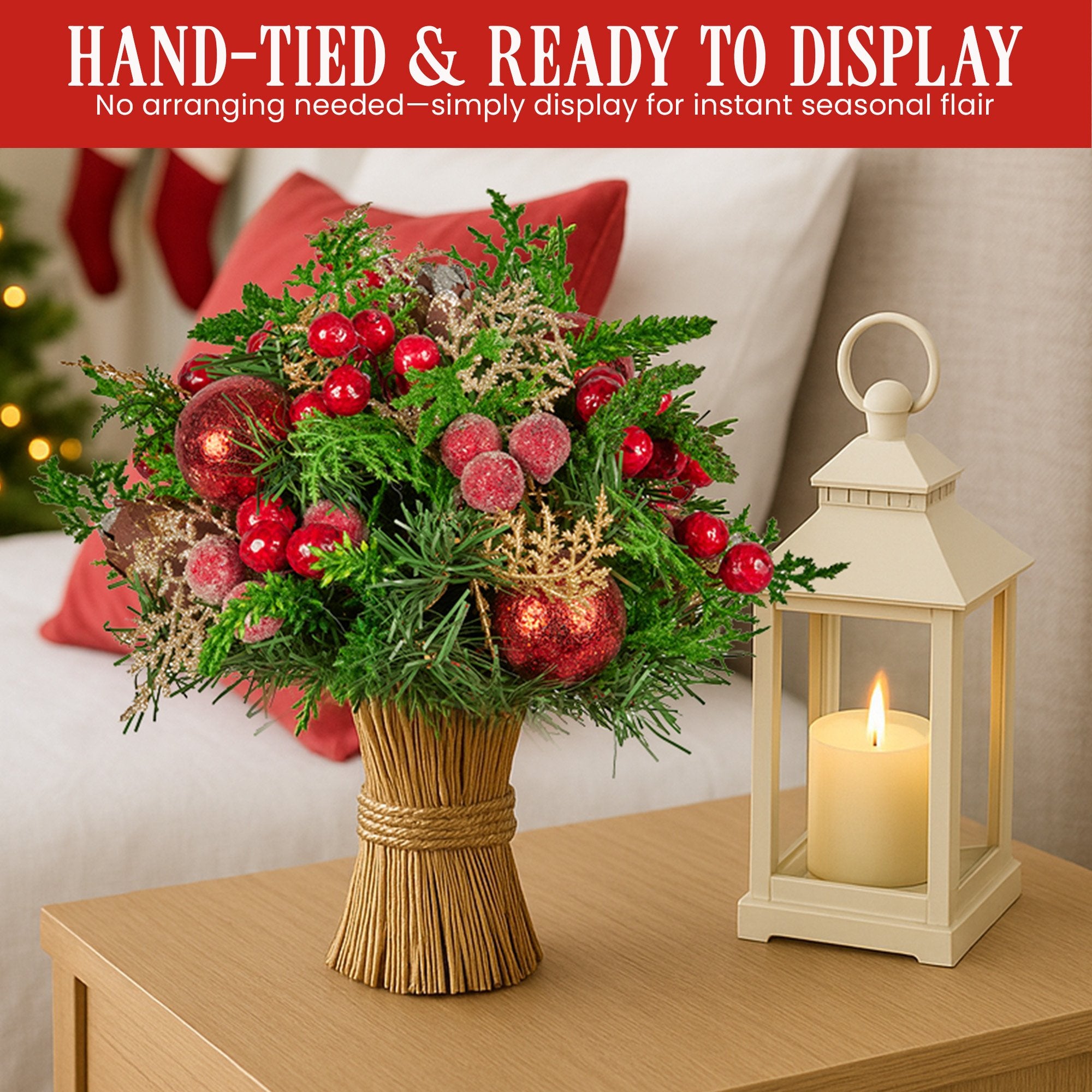 Christabelle 33cm Christmas Bouquet Pre-Decorated Holiday Floral Arrangement with Berries, Baubles & Pine Cones Festive Tabletop Centrepiece Decoration 8