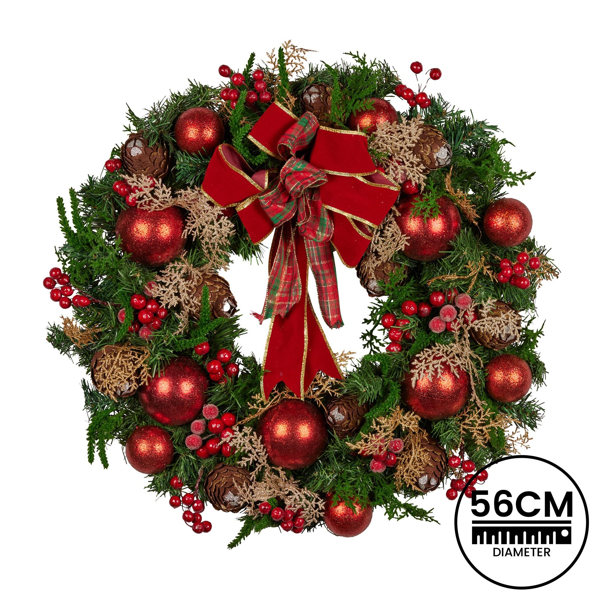 Christabelle 56cm Christmas Wreath Lush Green Holiday Door Wreath with Red Berries, Baubles & Pine Cones Pre-Decorated Festive Wall or Front Door Decoration 4
