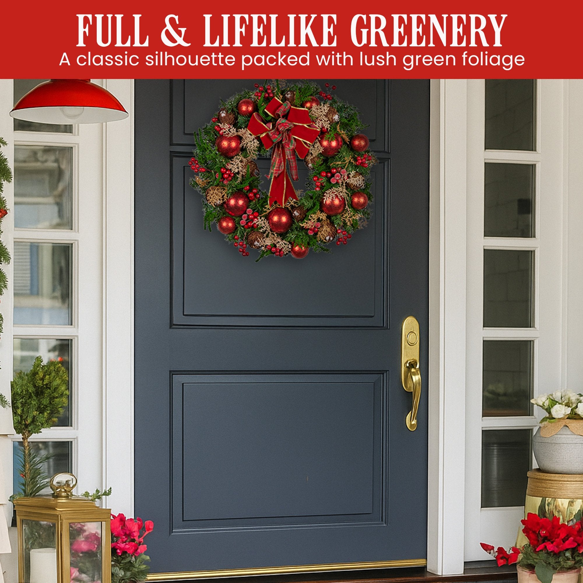 Christabelle 56cm Christmas Wreath Lush Green Holiday Door Wreath with Red Berries, Baubles & Pine Cones Pre-Decorated Festive Wall or Front Door Decoration 6