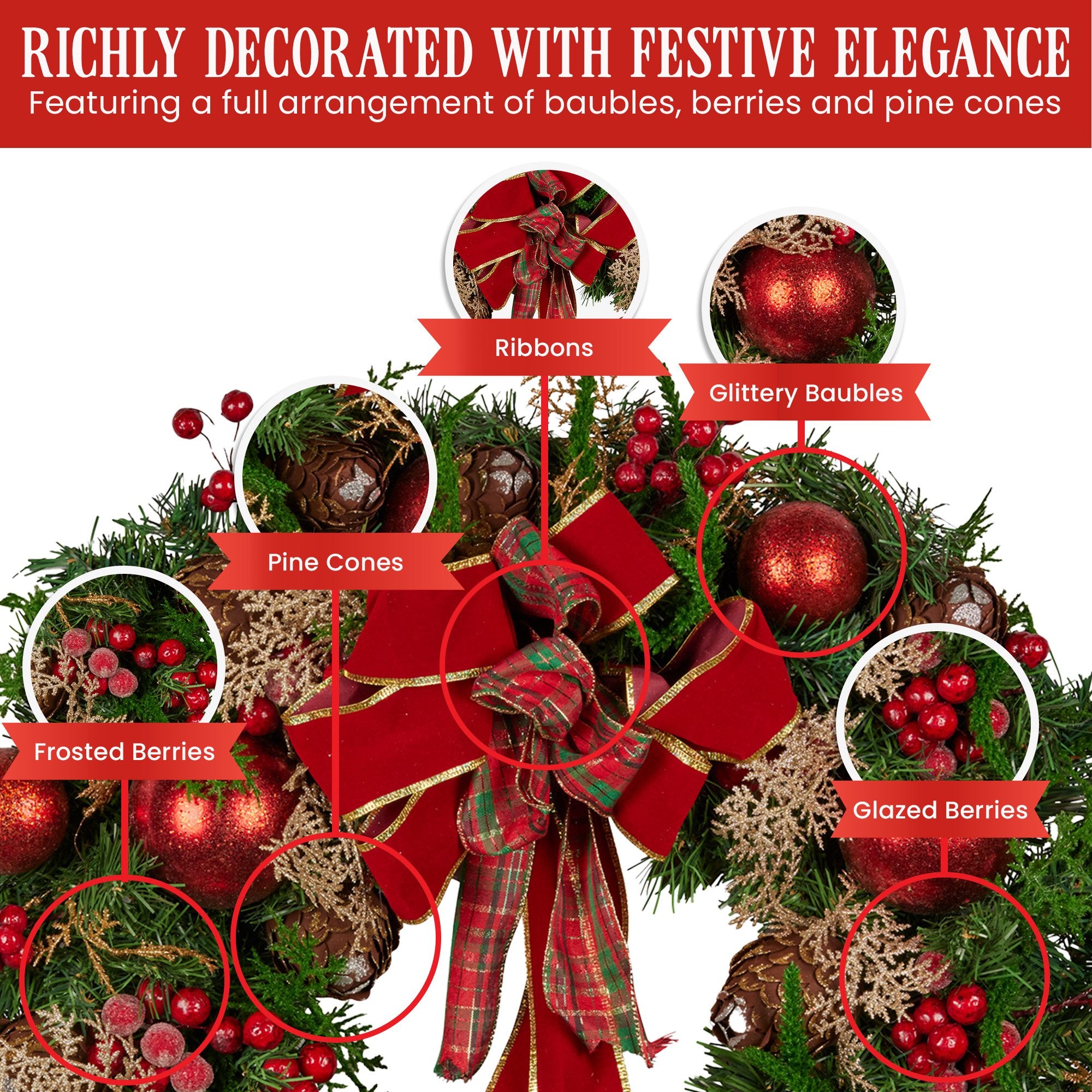 Christabelle 56cm Christmas Wreath Lush Green Holiday Door Wreath with Red Berries, Baubles & Pine Cones Pre-Decorated Festive Wall or Front Door Decoration 8