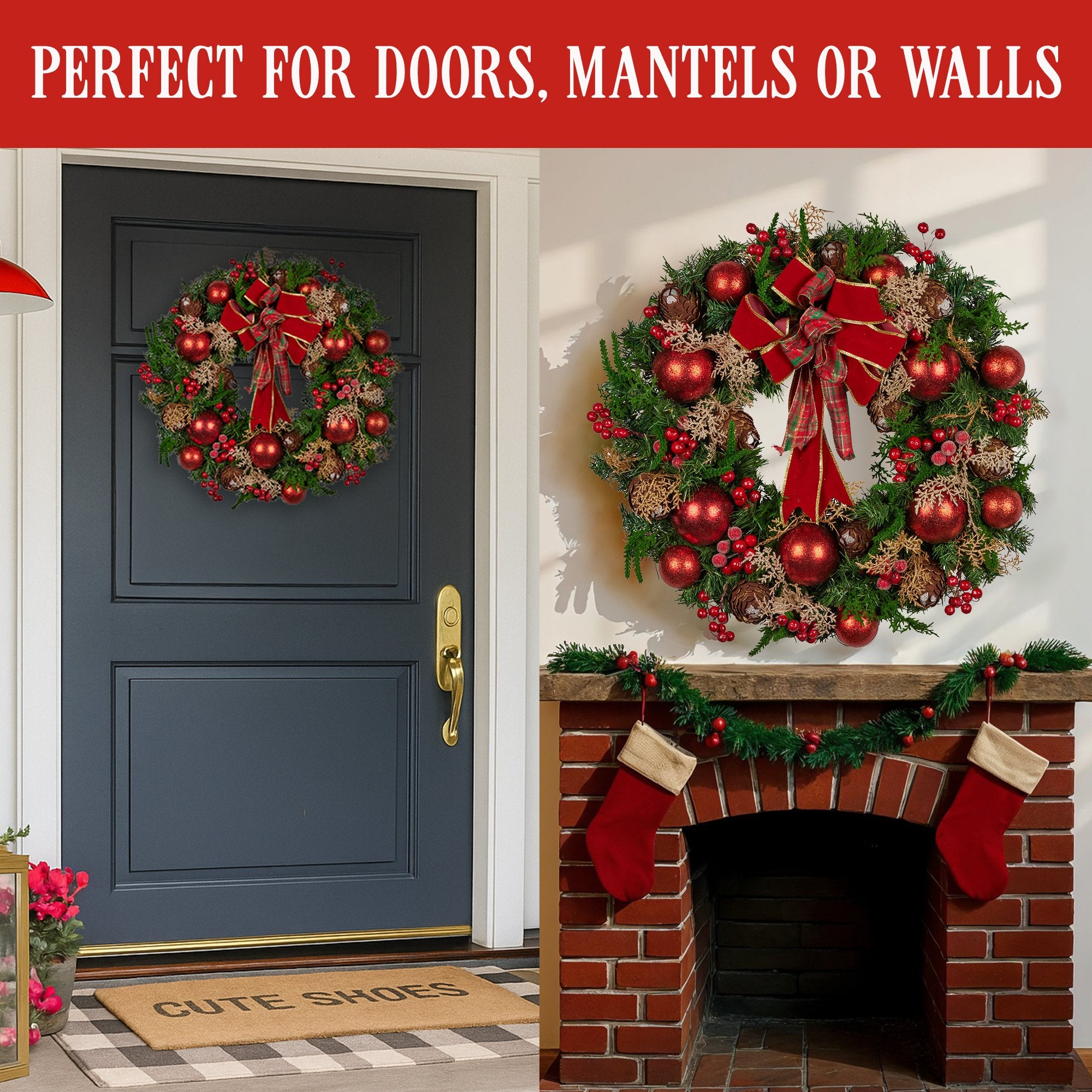 Christabelle 56cm Christmas Wreath Lush Green Holiday Door Wreath with Red Berries, Baubles & Pine Cones Pre-Decorated Festive Wall or Front Door Decoration 9