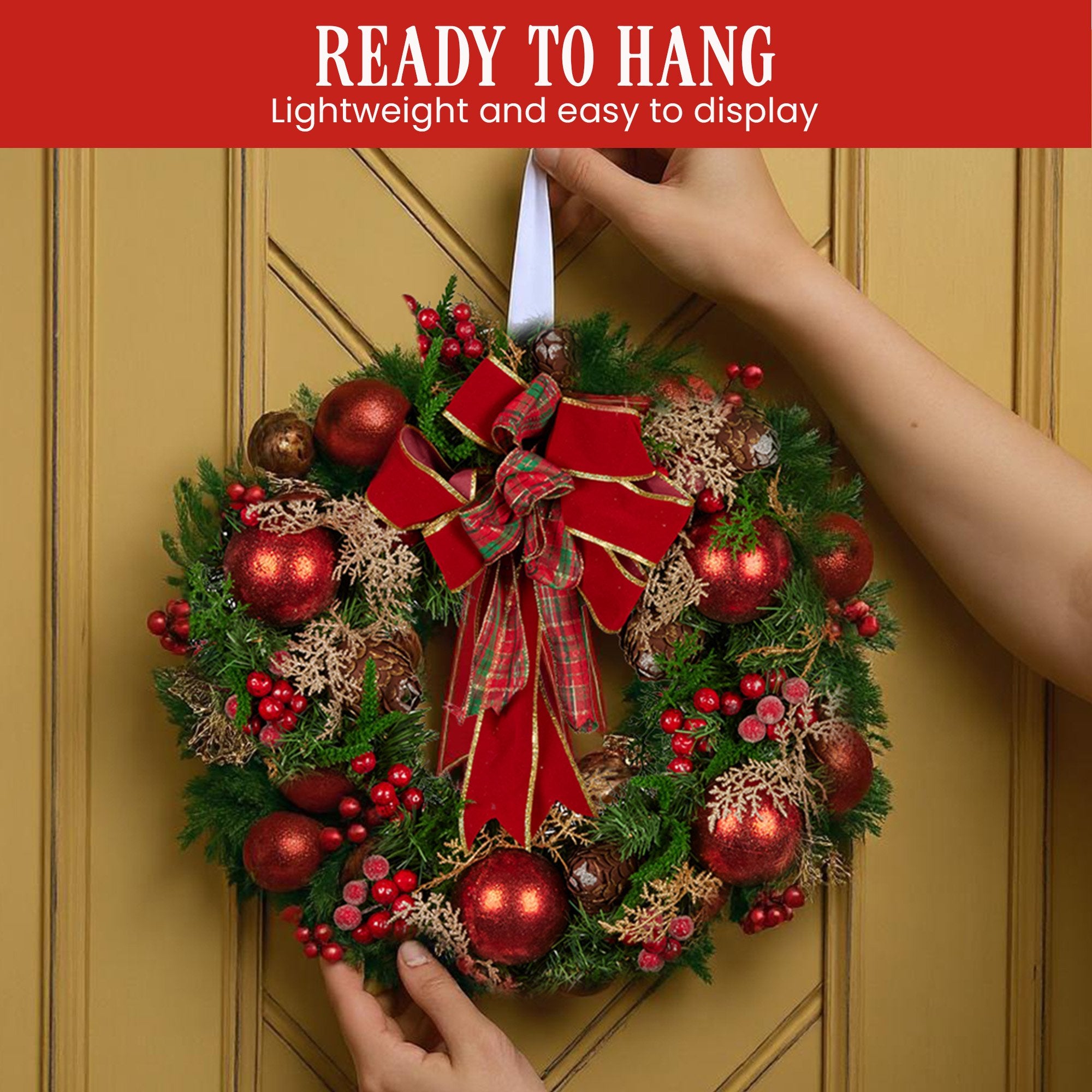 Christabelle 56cm Christmas Wreath Lush Green Holiday Door Wreath with Red Berries, Baubles & Pine Cones Pre-Decorated Festive Wall or Front Door Decoration 10