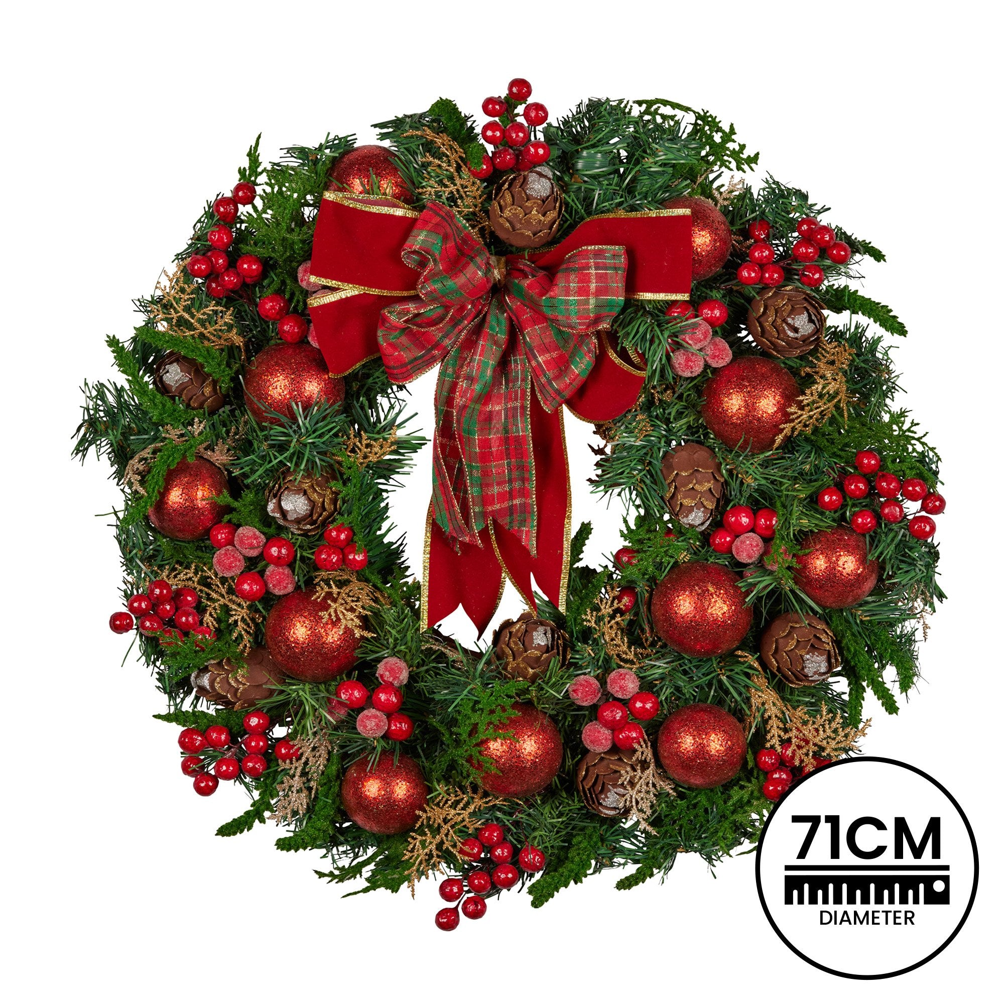 Christabelle 71cm Christmas Wreath Lush Green Holiday Door Wreath with Red Berries, Baubles & Pine Cones Pre-Decorated Festive Wall or Front Door Decoration 4