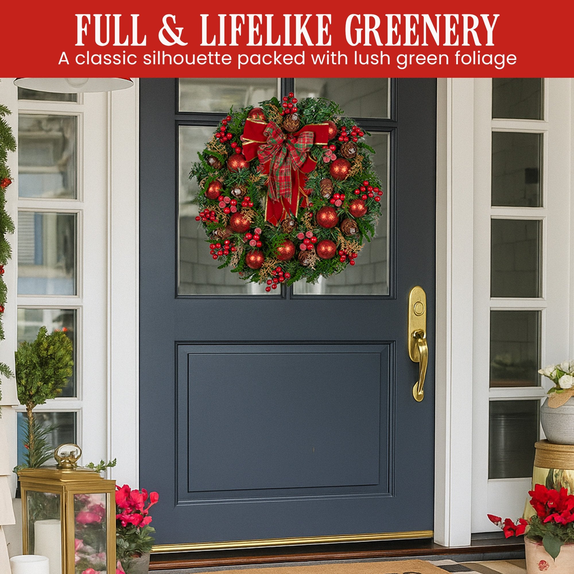 Christabelle 71cm Christmas Wreath Lush Green Holiday Door Wreath with Red Berries, Baubles & Pine Cones Pre-Decorated Festive Wall or Front Door Decoration 6