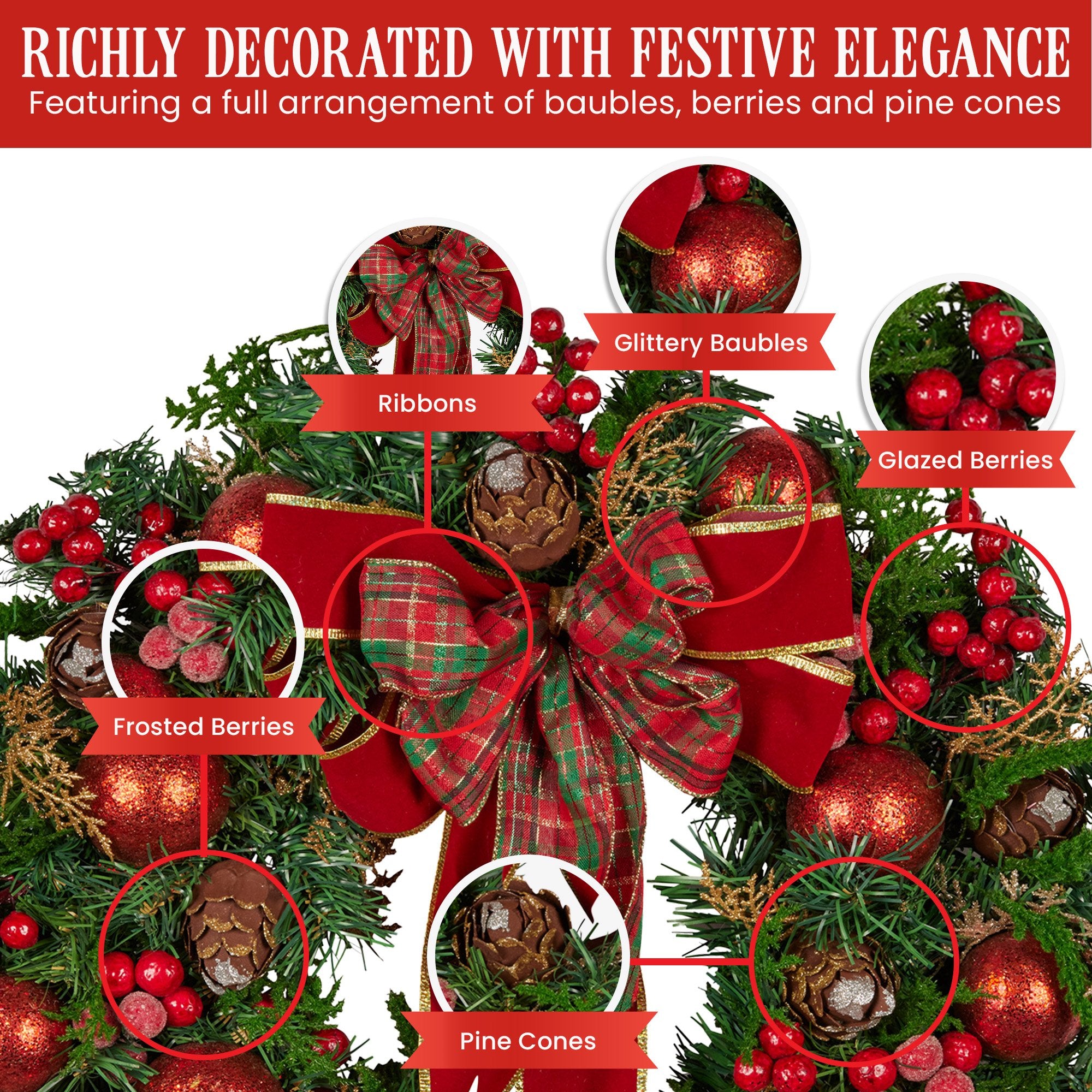 Christabelle 71cm Christmas Wreath Lush Green Holiday Door Wreath with Red Berries, Baubles & Pine Cones Pre-Decorated Festive Wall or Front Door Decoration 7