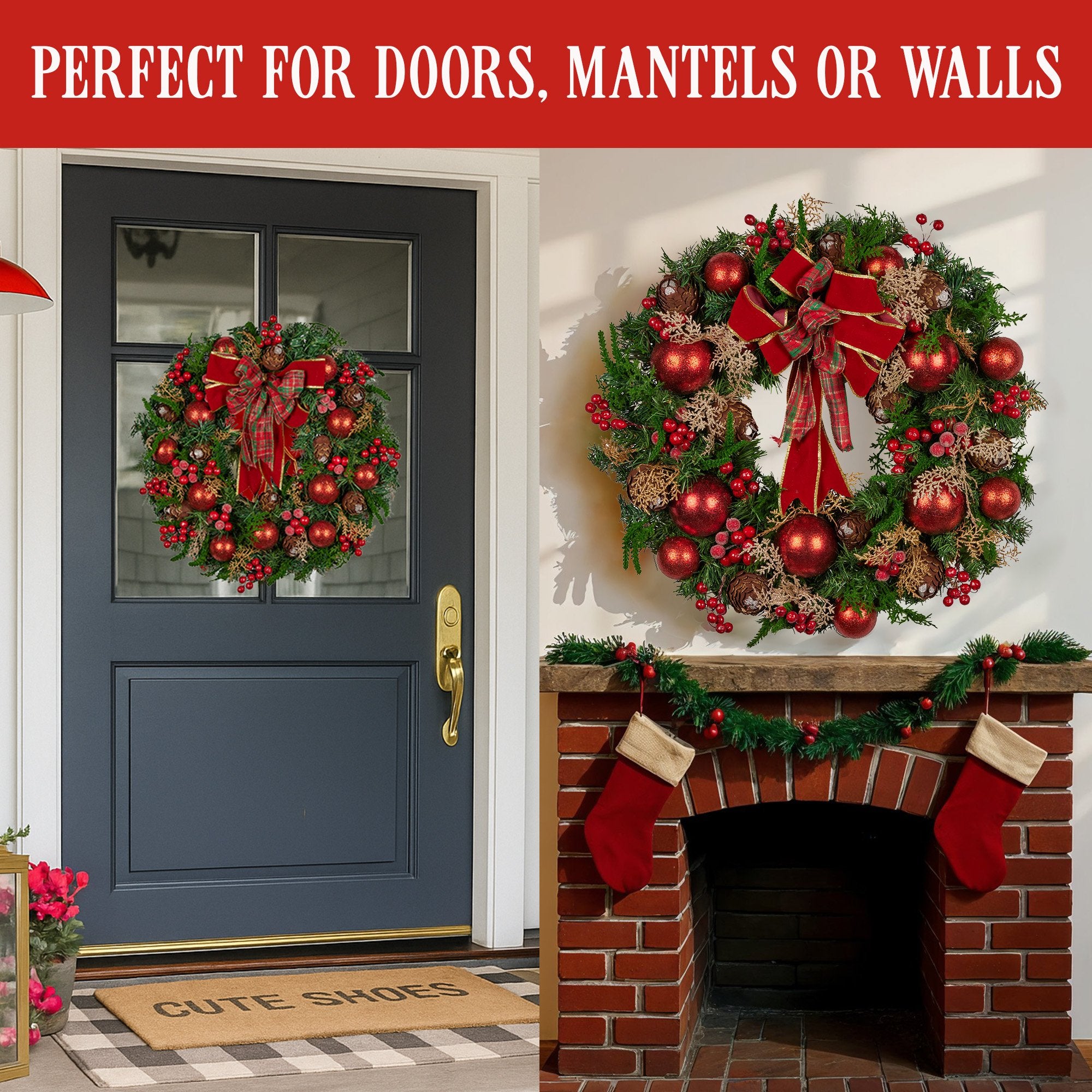 Christabelle 71cm Christmas Wreath Lush Green Holiday Door Wreath with Red Berries, Baubles & Pine Cones Pre-Decorated Festive Wall or Front Door Decoration 8