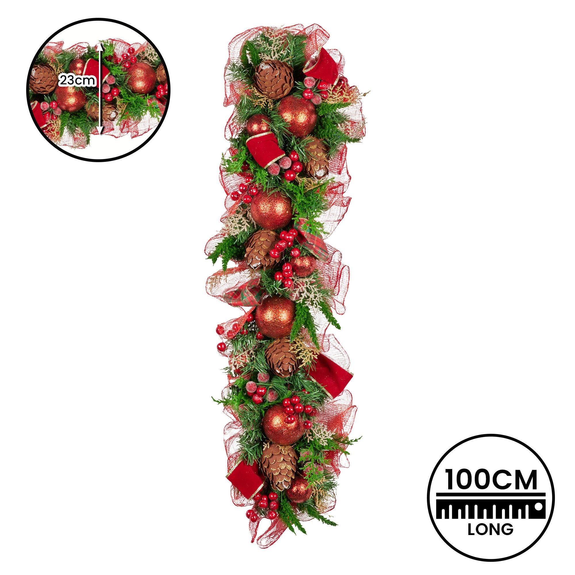 Christabelle 100cm Christmas Garland Lush Green Holiday Garland w/ Red Berries, Baubles & Pine Cones Pre-Decorated Festive Shelf or Banister Decoration 4