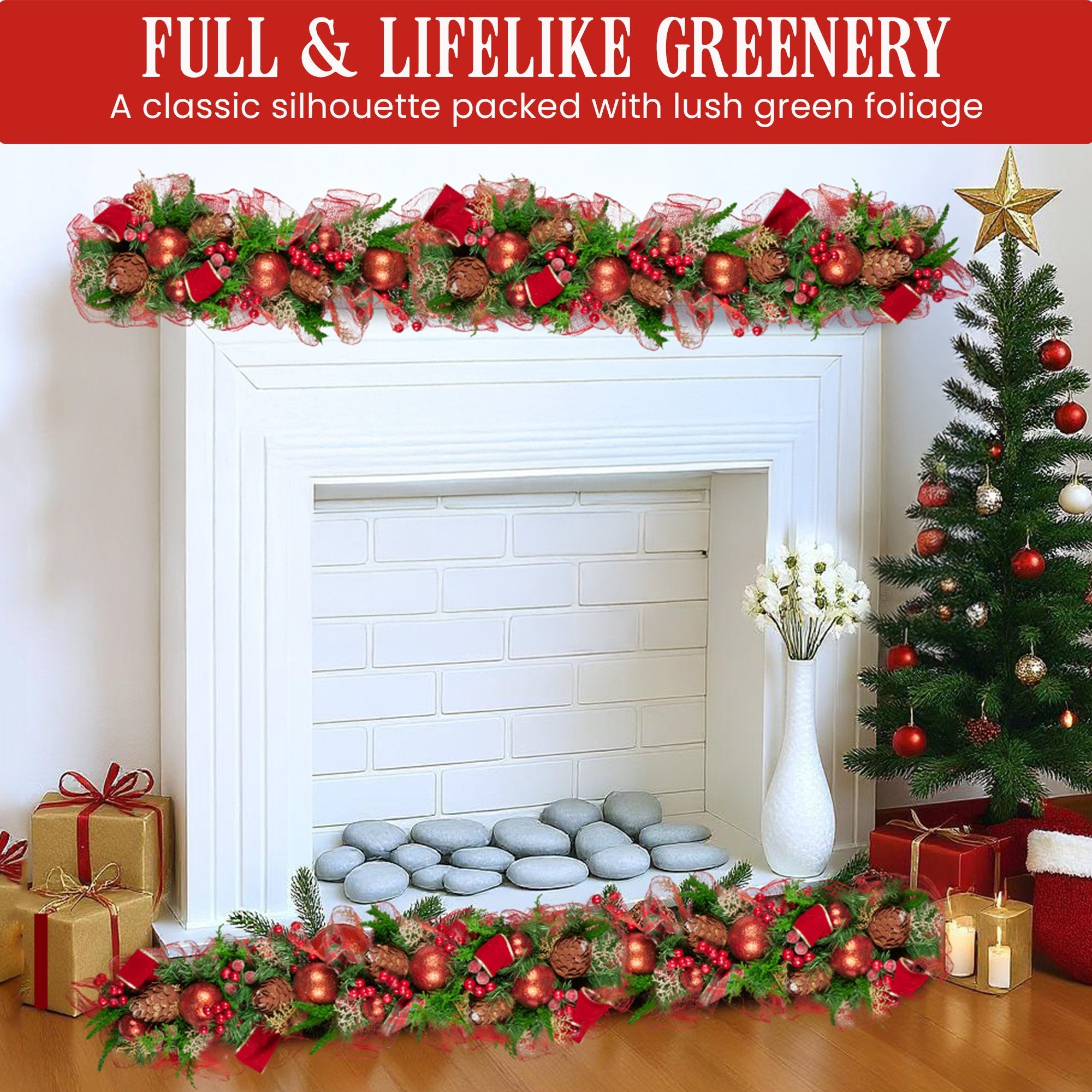 Christabelle 100cm Christmas Garland Lush Green Holiday Garland w/ Red Berries, Baubles & Pine Cones Pre-Decorated Festive Shelf or Banister Decoration 5