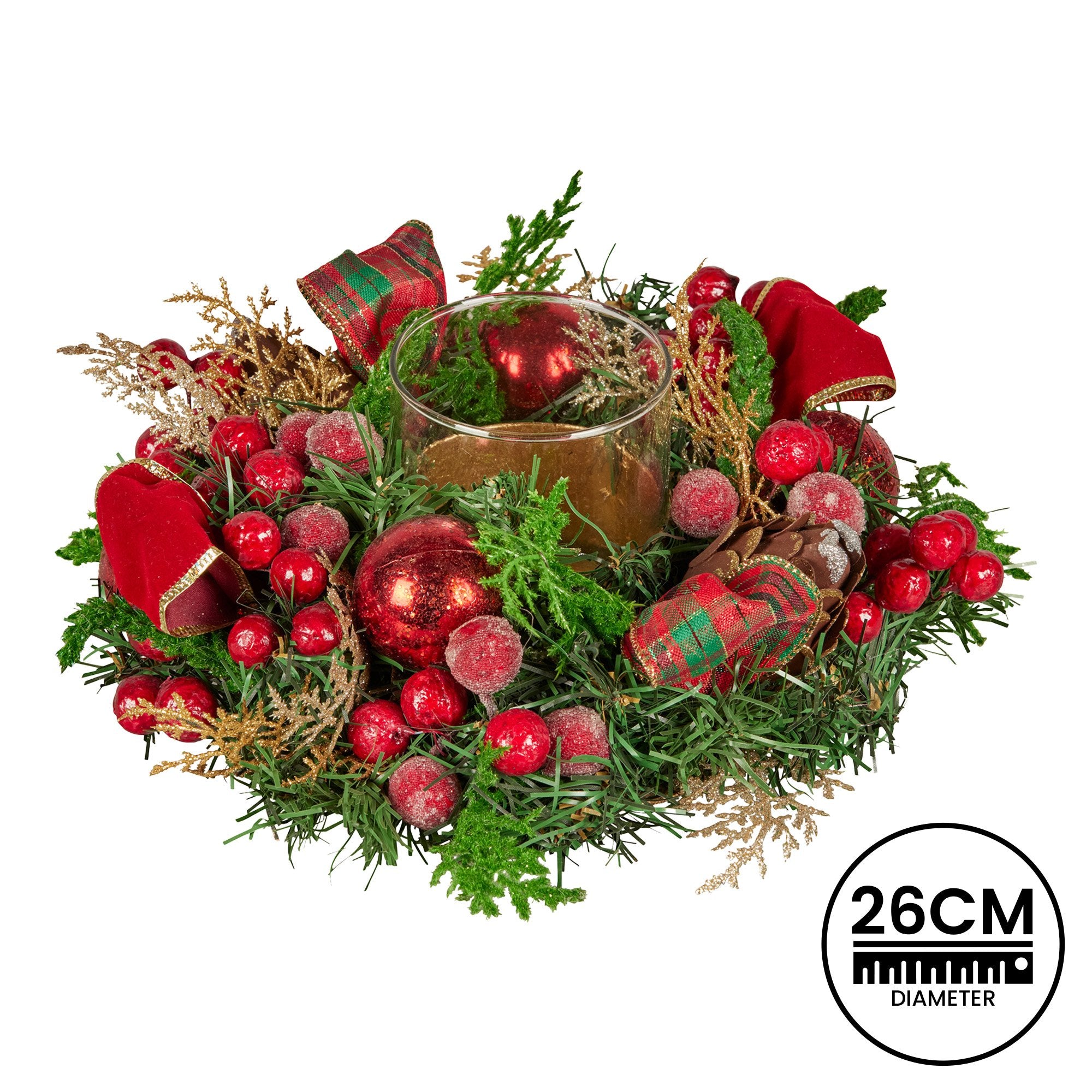 Christabelle 26cm Christmas Centrepiece Lush Green Holiday Display w/Red Berries & Hurricane Candle Holder Pre-decorated for Dining Table Console 4