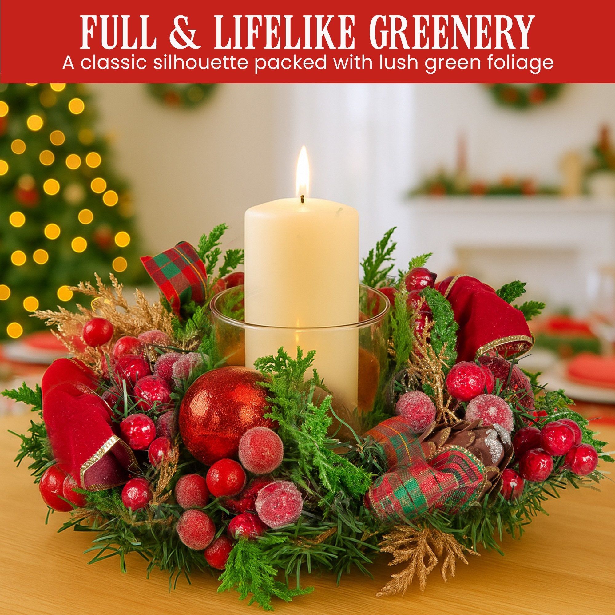 Christabelle 26cm Christmas Centrepiece Lush Green Holiday Display w/Red Berries & Hurricane Candle Holder Pre-decorated for Dining Table Console 5