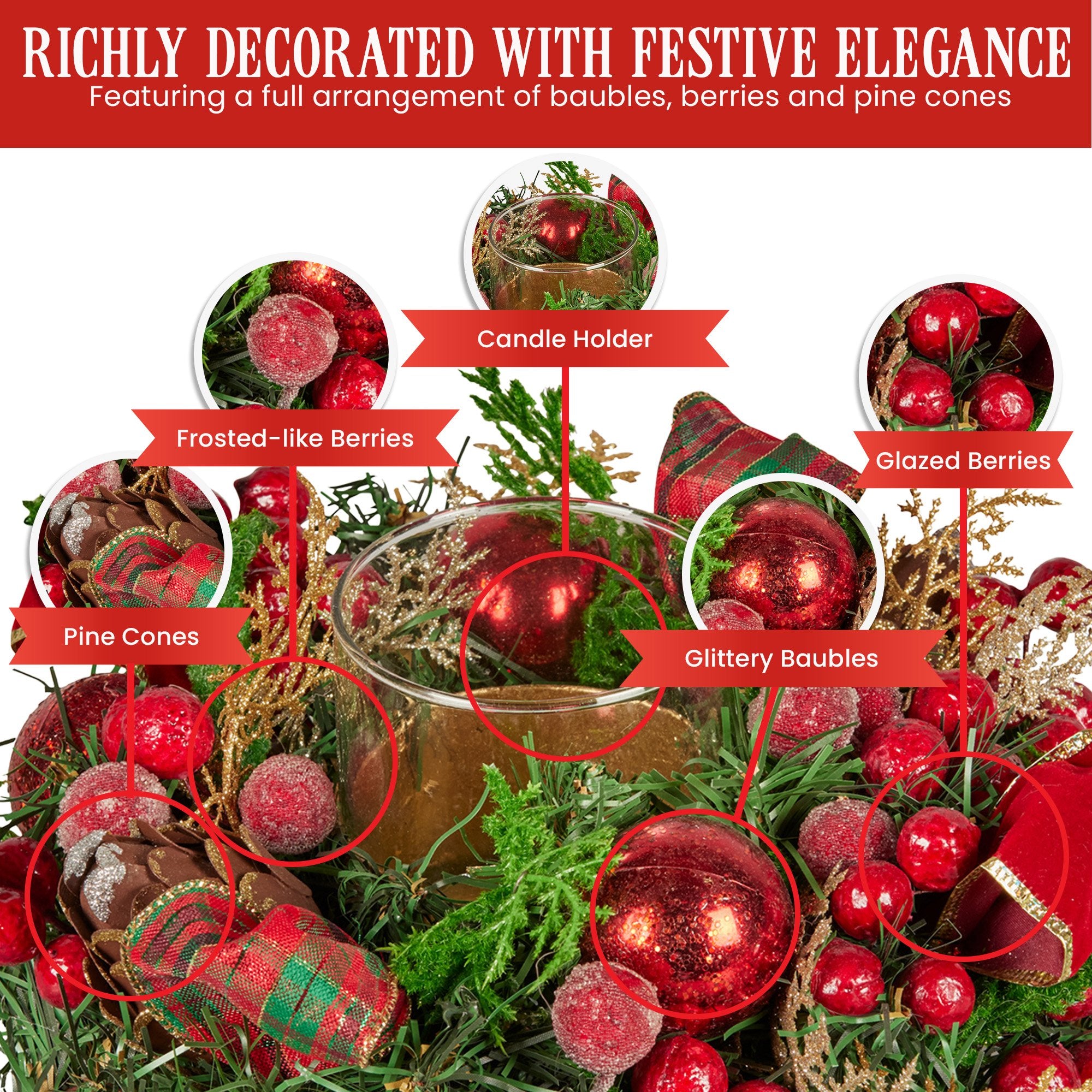 Christabelle 26cm Christmas Centrepiece Lush Green Holiday Display w/Red Berries & Hurricane Candle Holder Pre-decorated for Dining Table Console 6