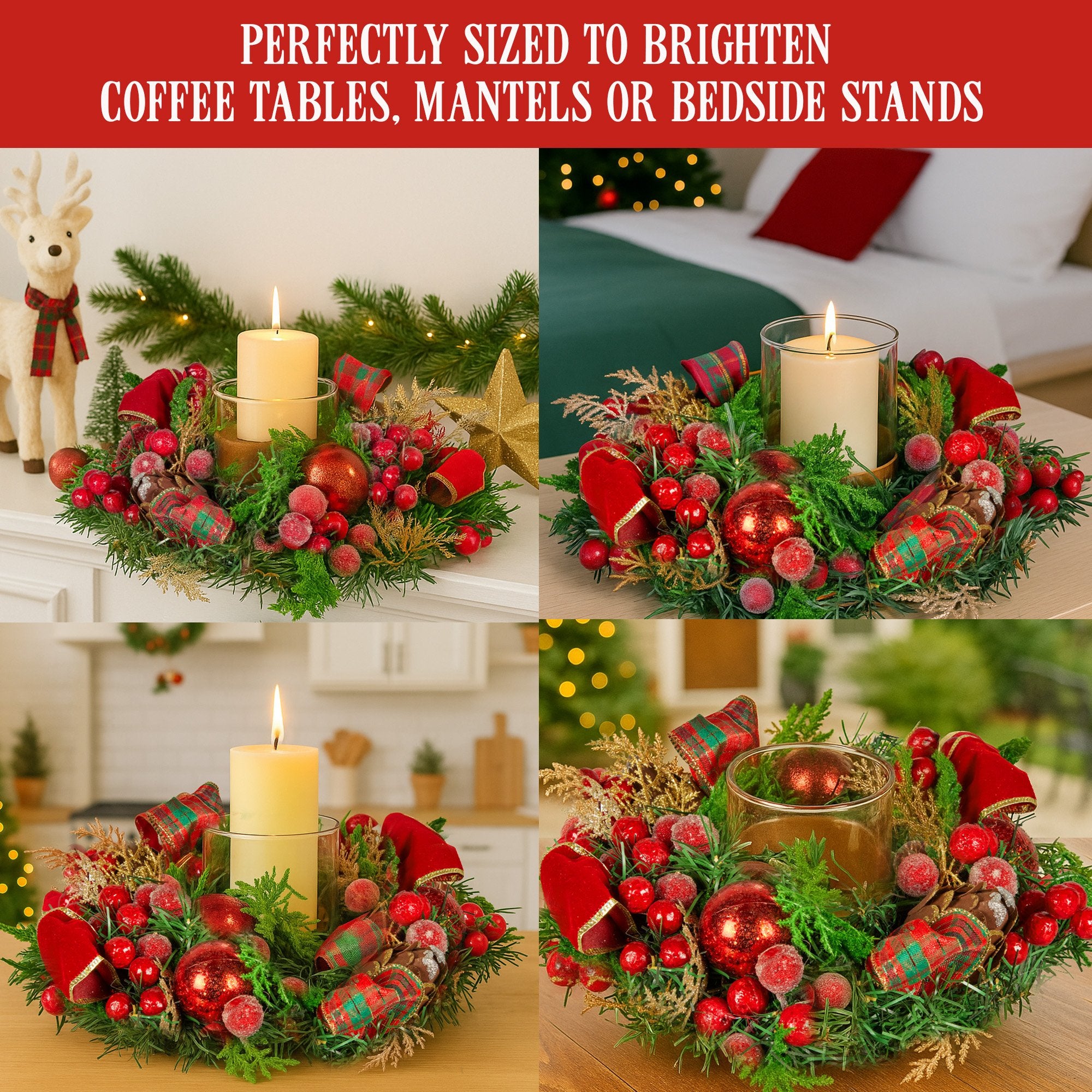 Christabelle 26cm Christmas Centrepiece Lush Green Holiday Display w/Red Berries & Hurricane Candle Holder Pre-decorated for Dining Table Console 7