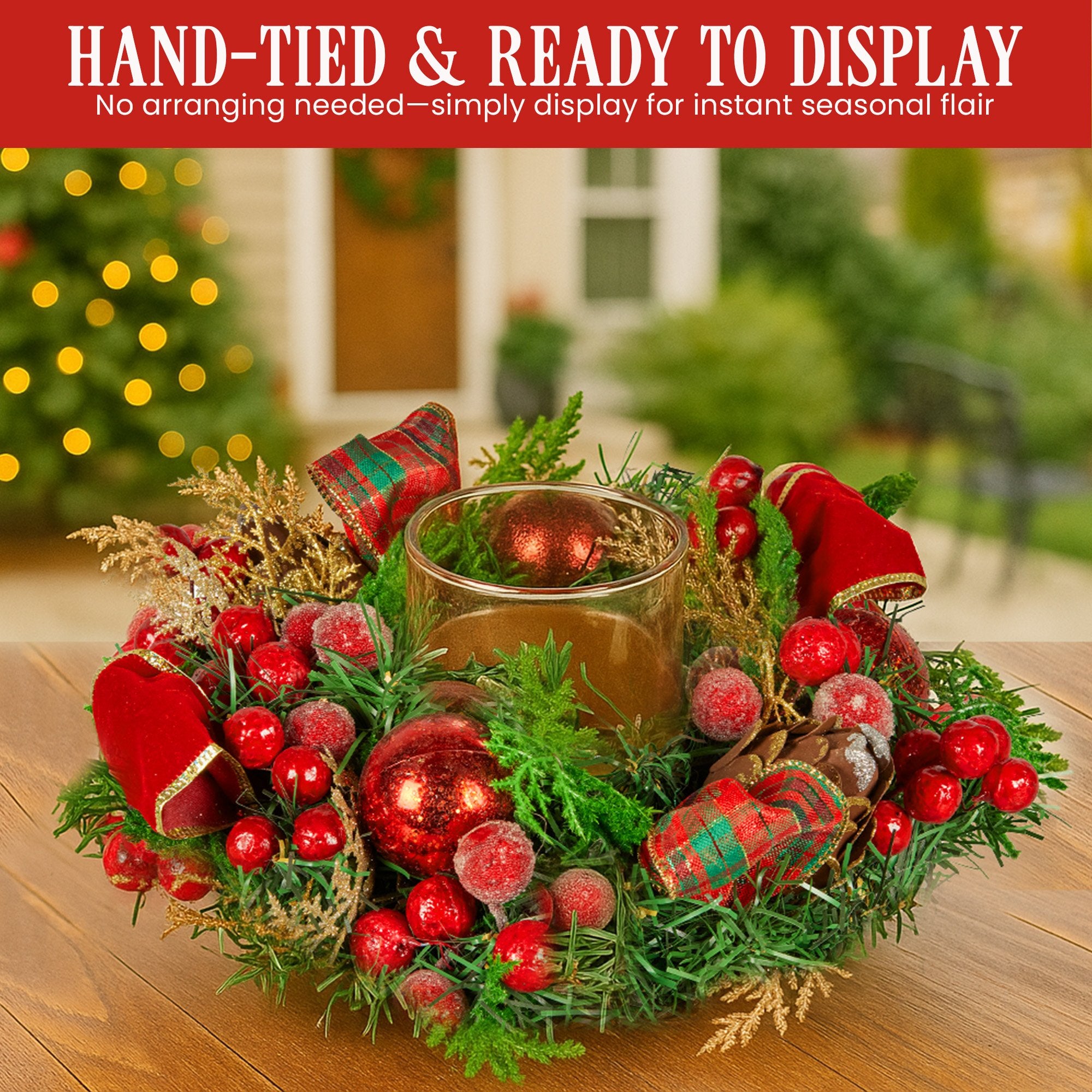 Christabelle 26cm Christmas Centrepiece Lush Green Holiday Display w/Red Berries & Hurricane Candle Holder Pre-decorated for Dining Table Console 8