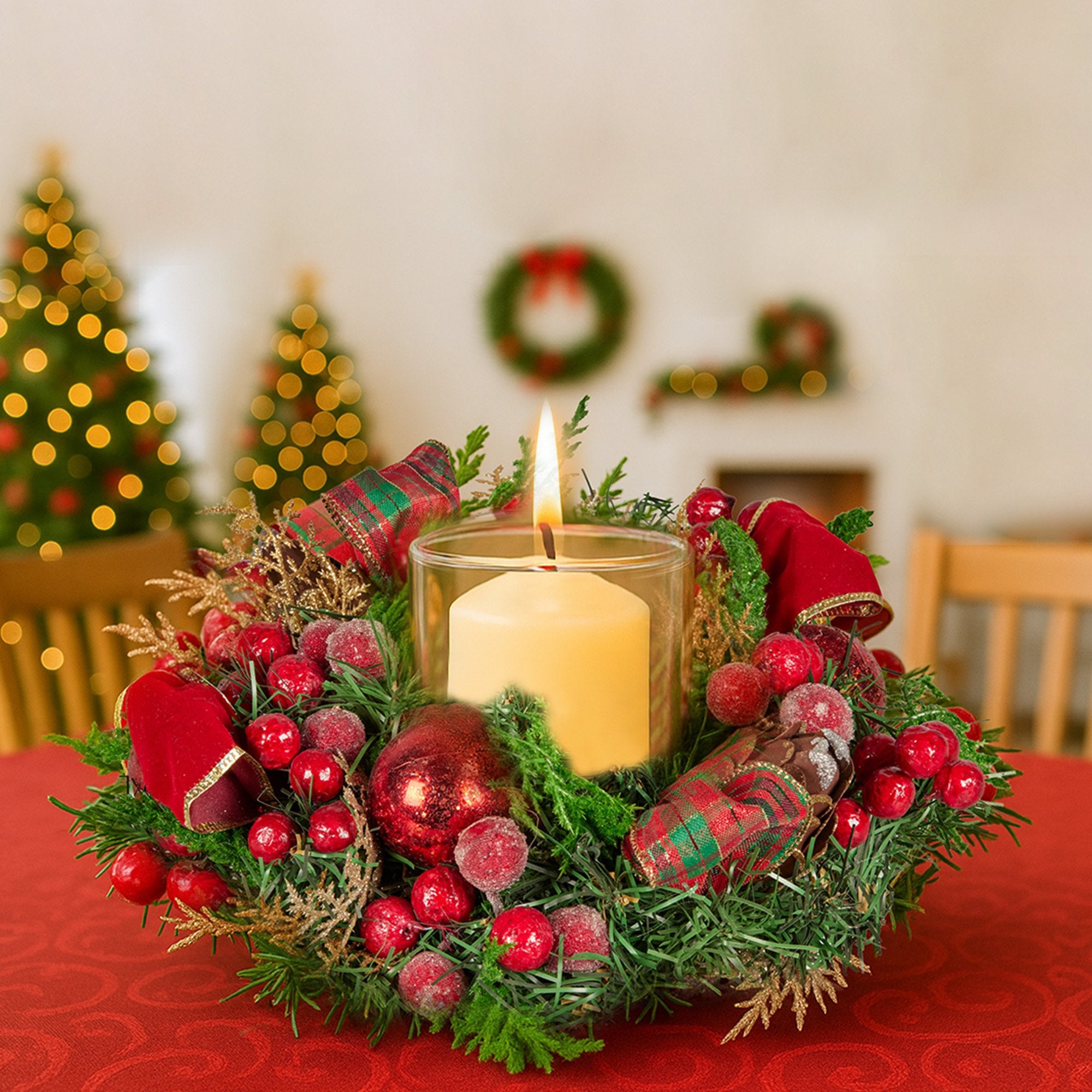 Christabelle 26cm Christmas Centrepiece Lush Green Holiday Display w/Red Berries & Hurricane Candle Holder Pre-decorated for Dining Table Console 9