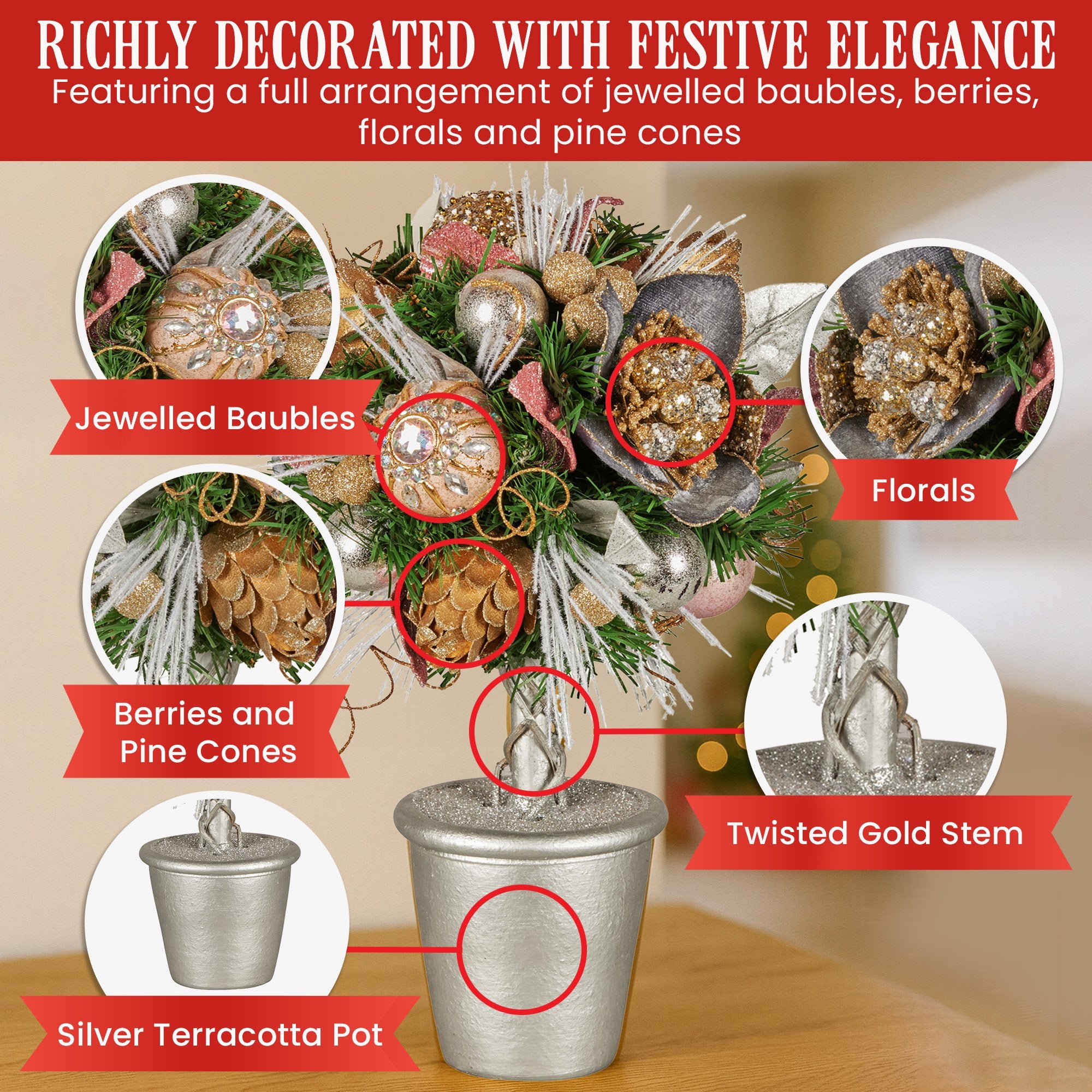 Christabelle 36cm Christmas Tabletop Topiary Tree Jewelled Baubles, Berries, Flowers and Pine Cones Festive Decoration 7